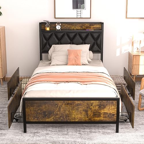 Miniatura 7 de GAZHOME Base de cama individual con 4 cajones de almacenamiento y estación de carga, cabecera de almacenamiento de plataforma tapizada individual,