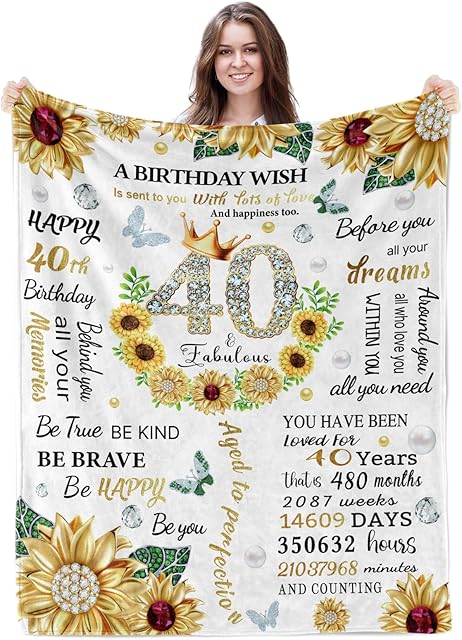 40th Birthday Gifts Women, 40th Birthday Gift Ideas Sunflower Throw Blanket, 40 Year Old Birthday Gifts, Blankets Gifts for 40th Birthday Woman Turning 40 Birthday Decorations for Her Mum 127x152cm