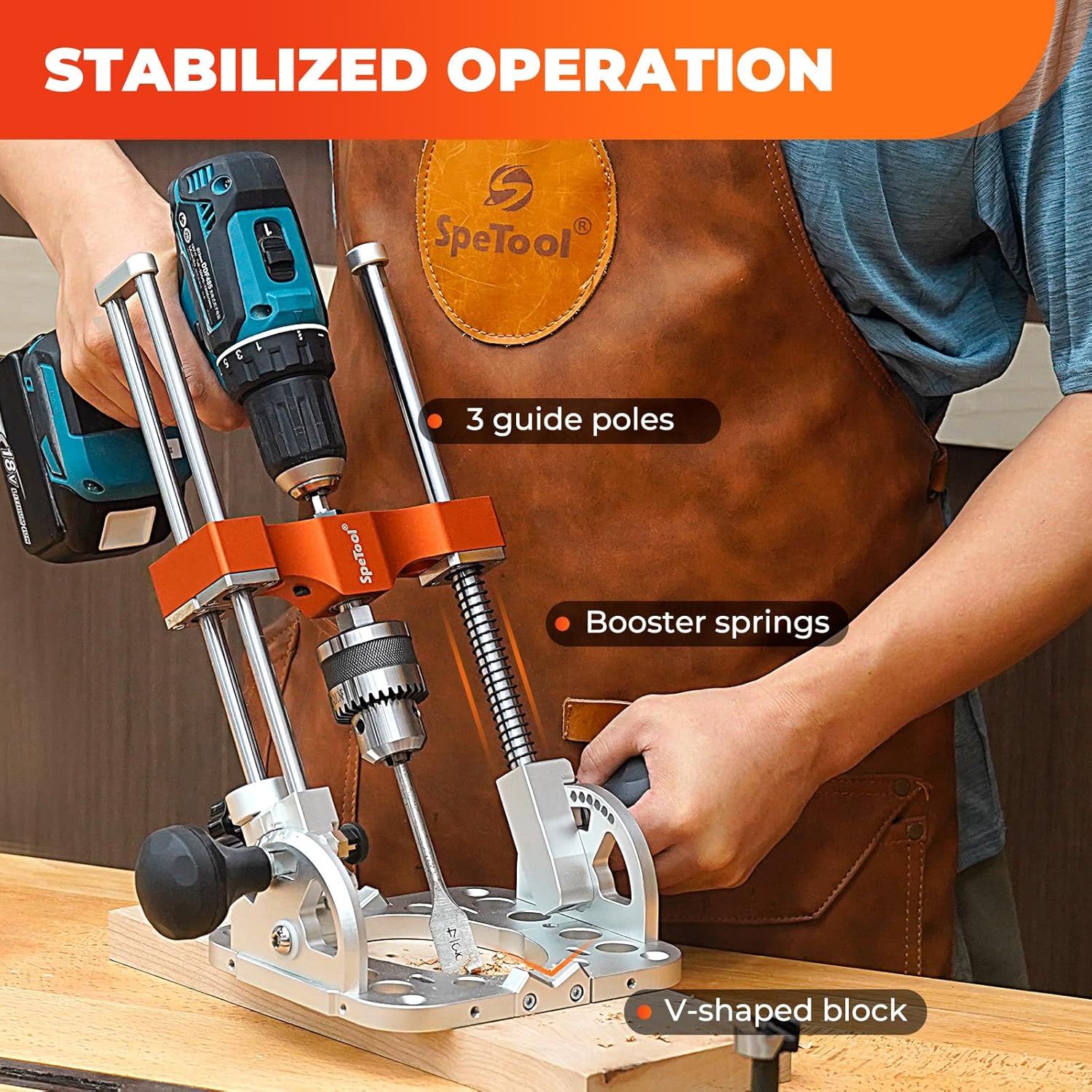 SpeTool Portable Drill Guide with Liner Ball Bearings Guide Poles, 1/2” Chuck Portable Drill Press Adapter for Hand Drill Adjustable from 0-60°, Multi Angle Drill Guide for Straight Holes Woodworking