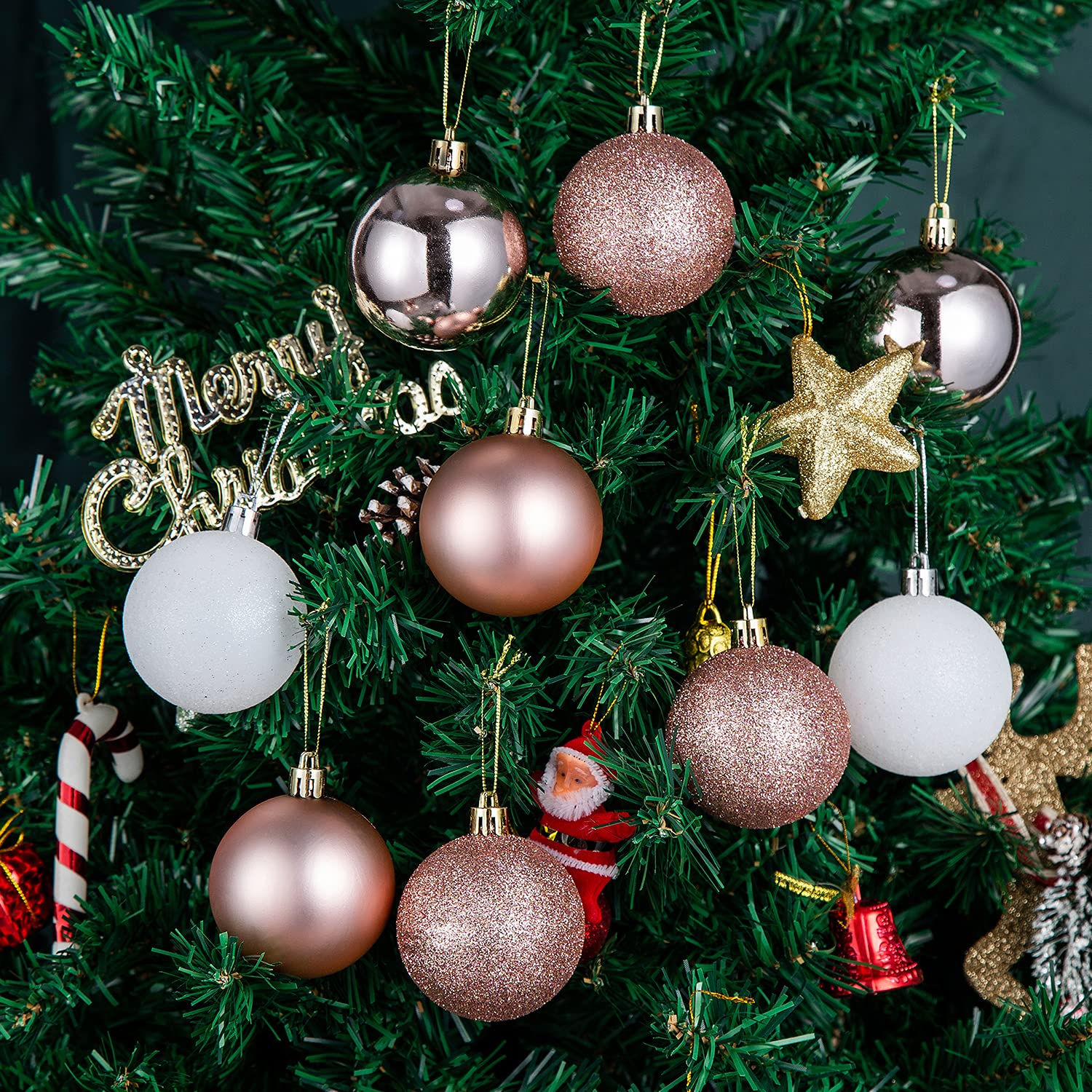 MELOKI 30 bolas de Navidad de 6 cm, adornos de Navidad inastillables, bolas de decoración con adornos de árbol, ganchos para árbol de Navidad, fiesta, boda, oro rosa y blanco