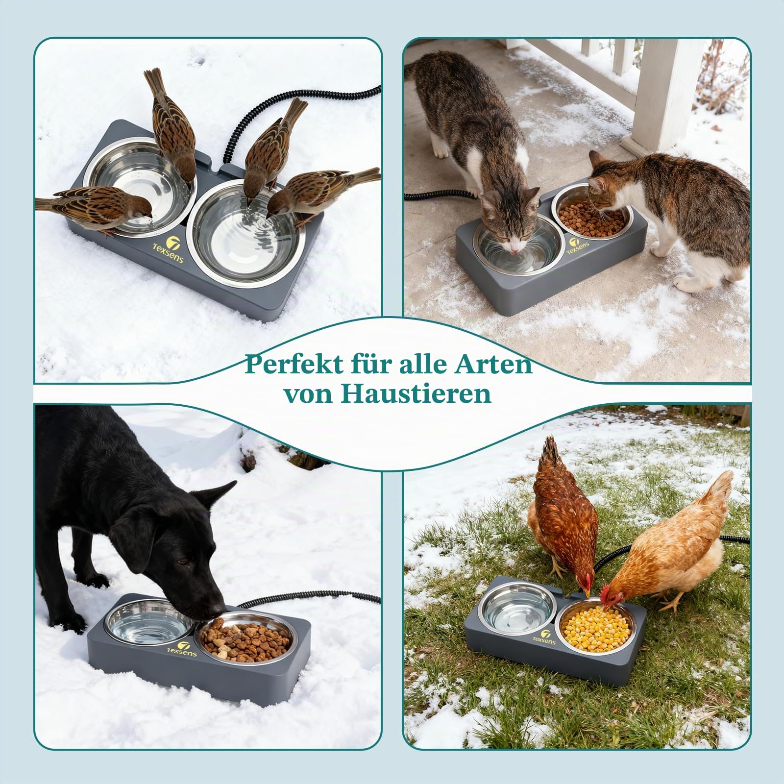 Beheizter Katzennapf für Haustiere im Freien – Doppelter Futternapf aus Edelstahl mit kaufester Schnur – vollständig wasserdichte Winter-Futterstation für Katzen und Hunde – je 575 ml