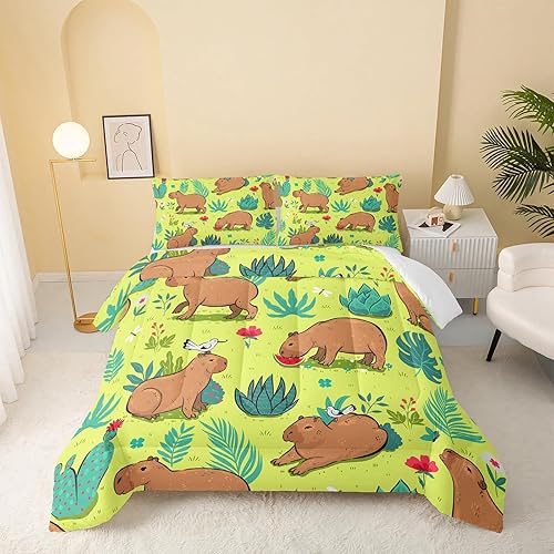 QOOMO Capybara - Juego de edredón 3D para decoración de dormitorio, color verde pastizal, juego de edredón 3D para decoración de dormitorio, bonito