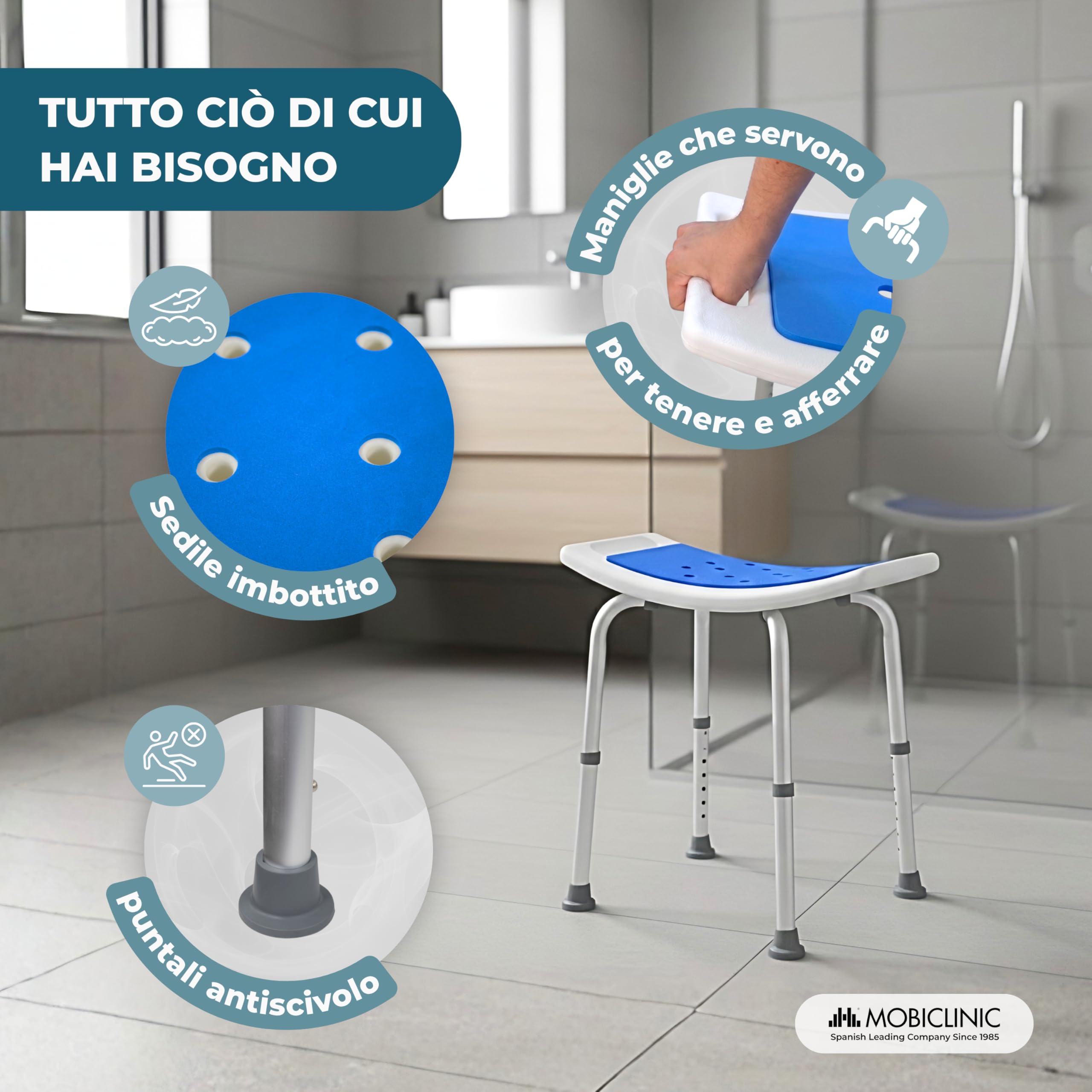 Mobiclinic®, Sgabello da Bagno, Altezza regolabile 42-57,5 cm, Seduta antiscivolo in EVA PAD, Leggero, Fori di Drenaggio, Puntali Antiscivolo, Design ergonomico curvo, Alluminio, Santana