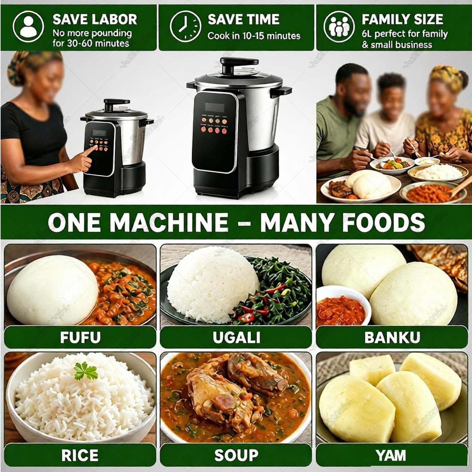 Inteligentne Urządzenie Do Fufu / „swallow” (900W, 6L) Z Timerem | Gładka Misa Wewnętrzna Z Powłoką Nieprzywierającą,Precyzyjny Timer;Odpowiednia Do Przygotowywania Ugali,Banku I Amali