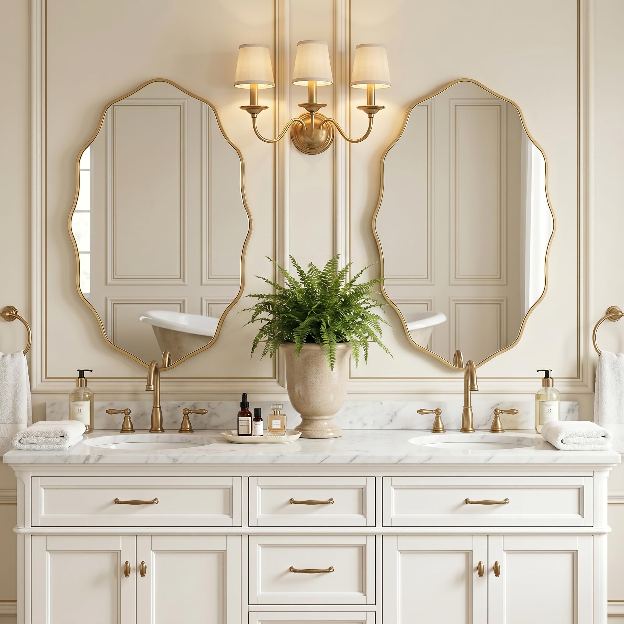 PERFNIQUE Specchio da parete dorato, 76 x 45 cm, con cornice in legno ondulato, per bagno, cameretta dei bambini, camera da letto, soggiorno, ingresso, decorativo moderno (oro, 76 x 45 cm)