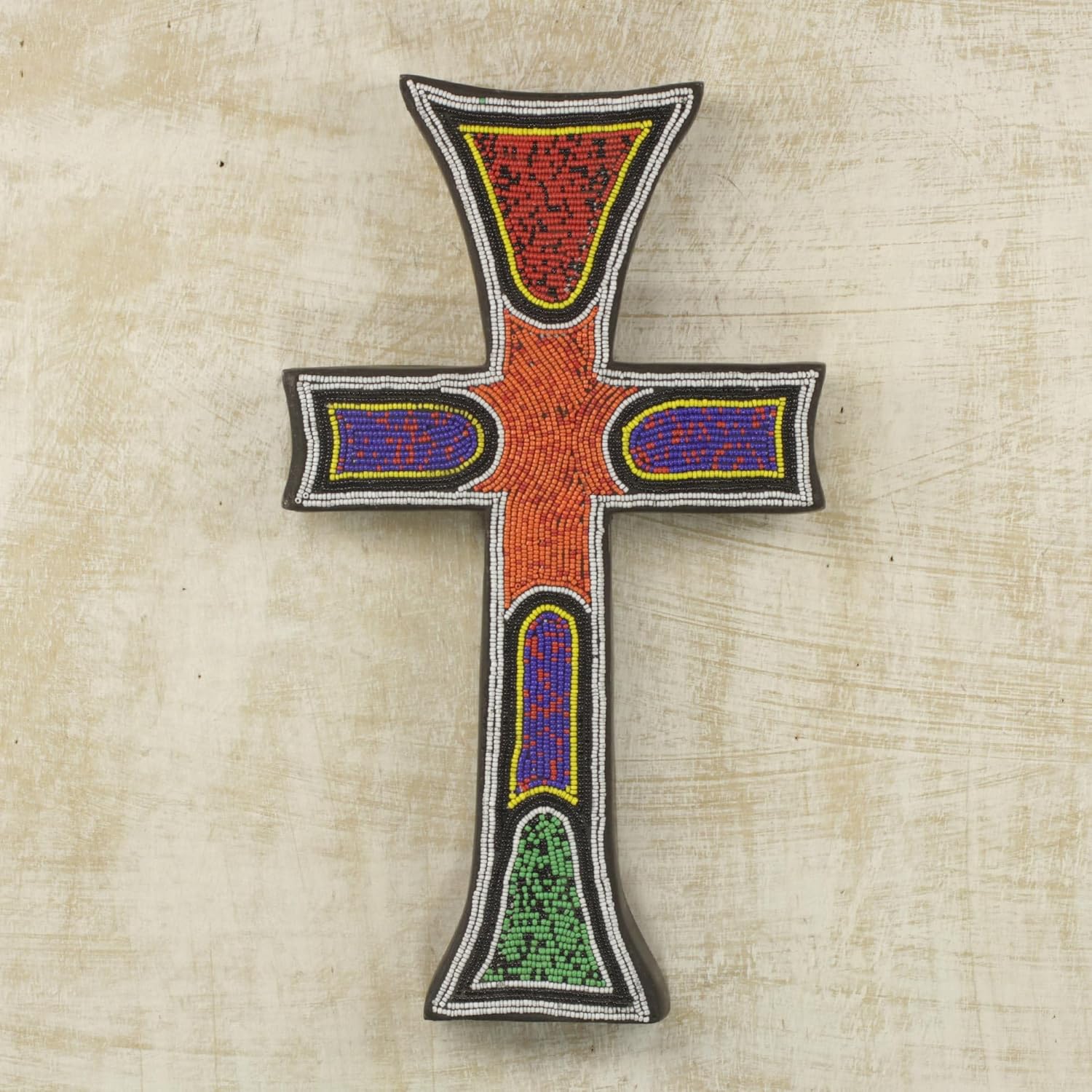NOVICA Handmade Beaded Wood Cross Byzantine Style Wall Ghana Multicolor Decor Art Christian Cultural 'Bless My Home'
