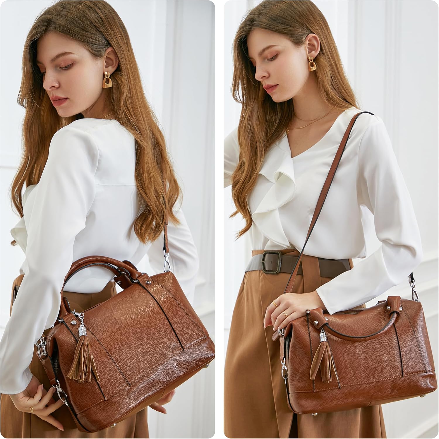 HESHE Womens Genuine Leather Purse Satchel Tote Bags Ladies Real Leather Bags Crossbody Handbags - Image 2