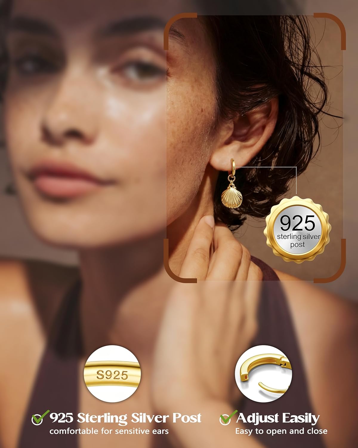 14K Gold Plated S925 Sterling Silver Drop Dangle Earrings for Women - Hypoallergenic Dainty Huggie Hoop Earring CZ Heart Pearl Clam Shell Dainty Charm Drop Dangle Earrings Jewelry Gift - Image 2