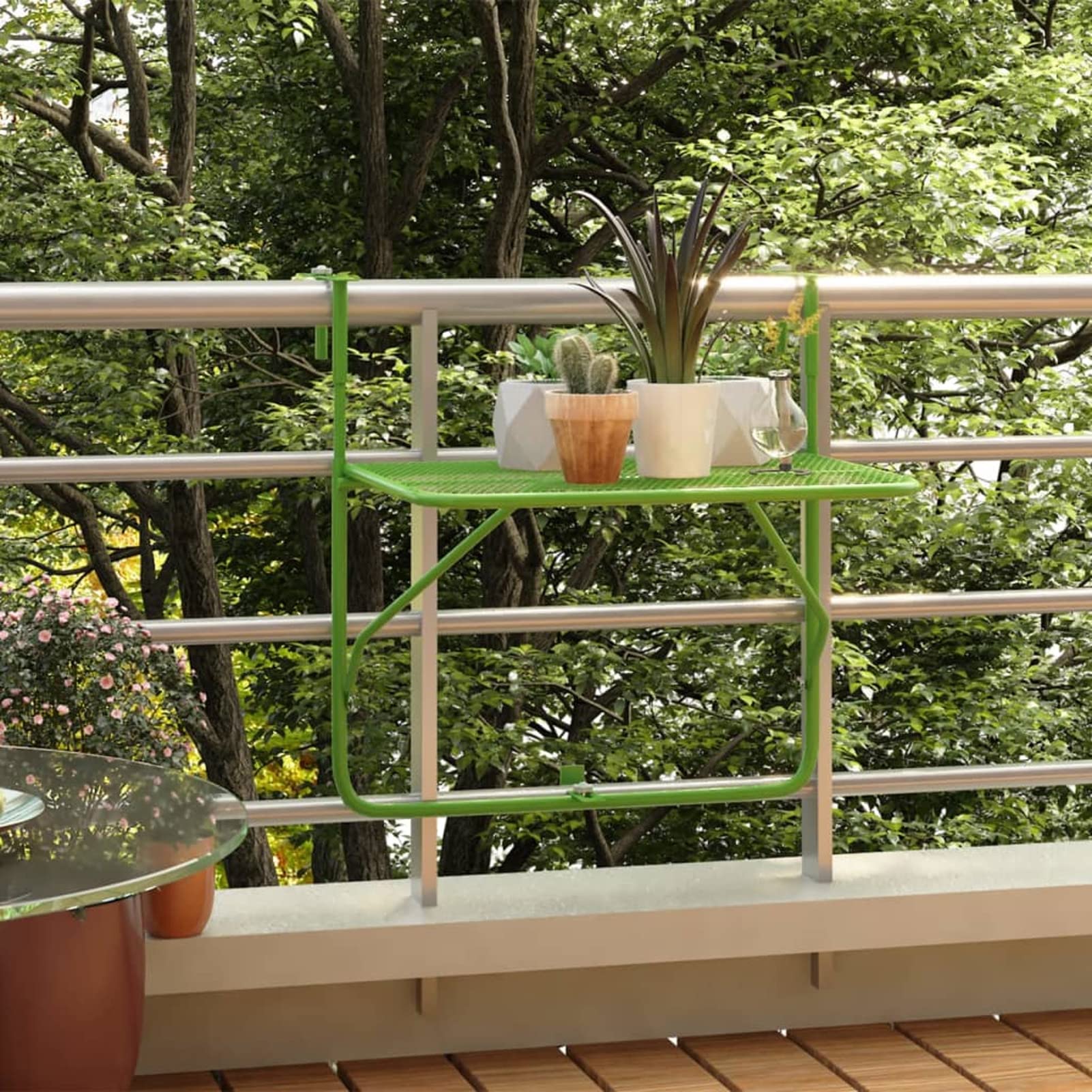 Homgoday Table de balcon pliante - Table suspendue de balcon - Table suspendue - Table d'appoint pliante pour balustrade de balcon - Vert - 60 x 40 cm - Acier