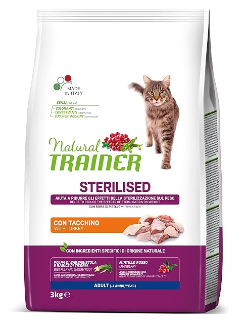 Foto 2 de 7 de Trainer Alimento natural esterilizado para gatos adultos, alimento seco con fibra de pavo y guisante, 3 kg
