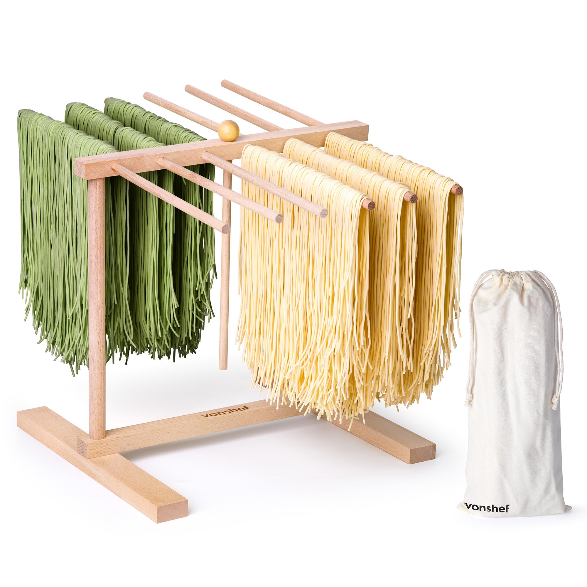 VonShef Pasta Drying Rack & Storage Bag, Collapsible Wooden Noodle Stand