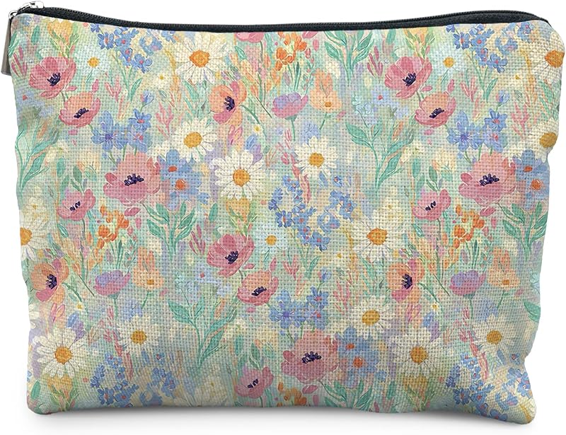 Necessaire de maquiagem floral Cottagecore em linho com zíper, 25,4 x 6,35 x 19,05 cm, 1 unidade