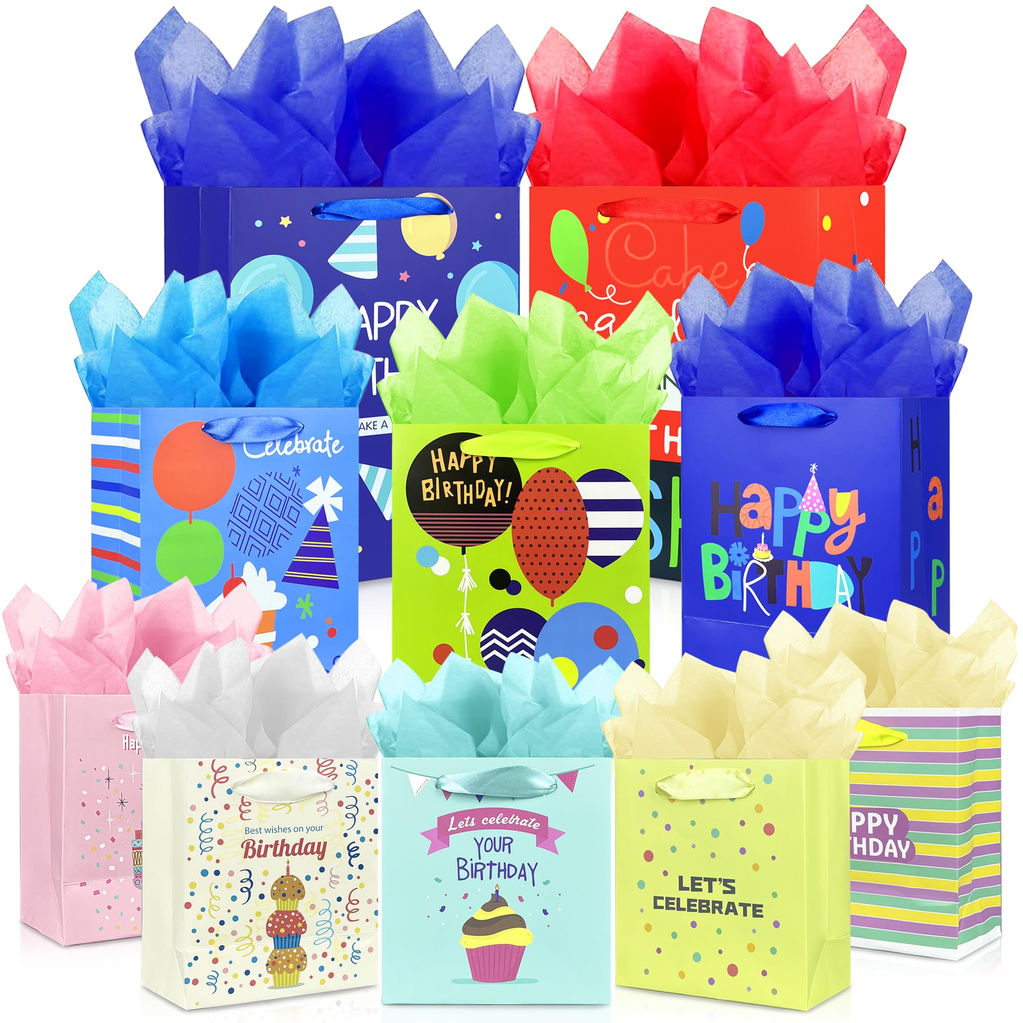 MUMULULU Paquete de 10 bolsas de regalo de cumpleaños con asa de cinta y papel de seda, varios tamaños y diseños, bolsa de regalo de cumpleaños de 3 tamaños para envolver regalos de cumpleaños