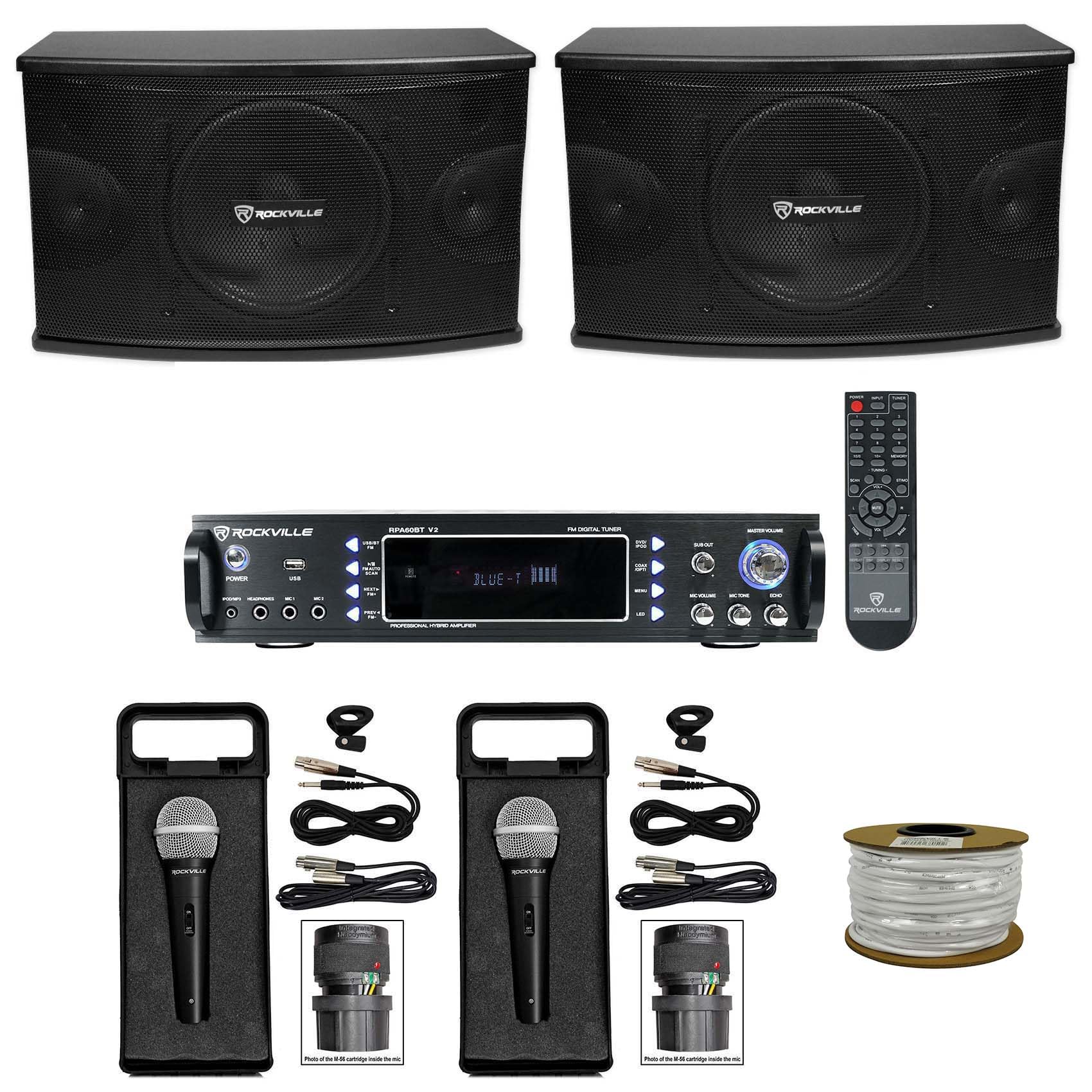 Rockville Bundle: (1) Pair RV KPS10 Karaoke Speakers Bundle with (2) Rockville RMC-XLR High-End Metal DJ Handheld Wired Microphone Mic & (1) RV RPA6000USB 19