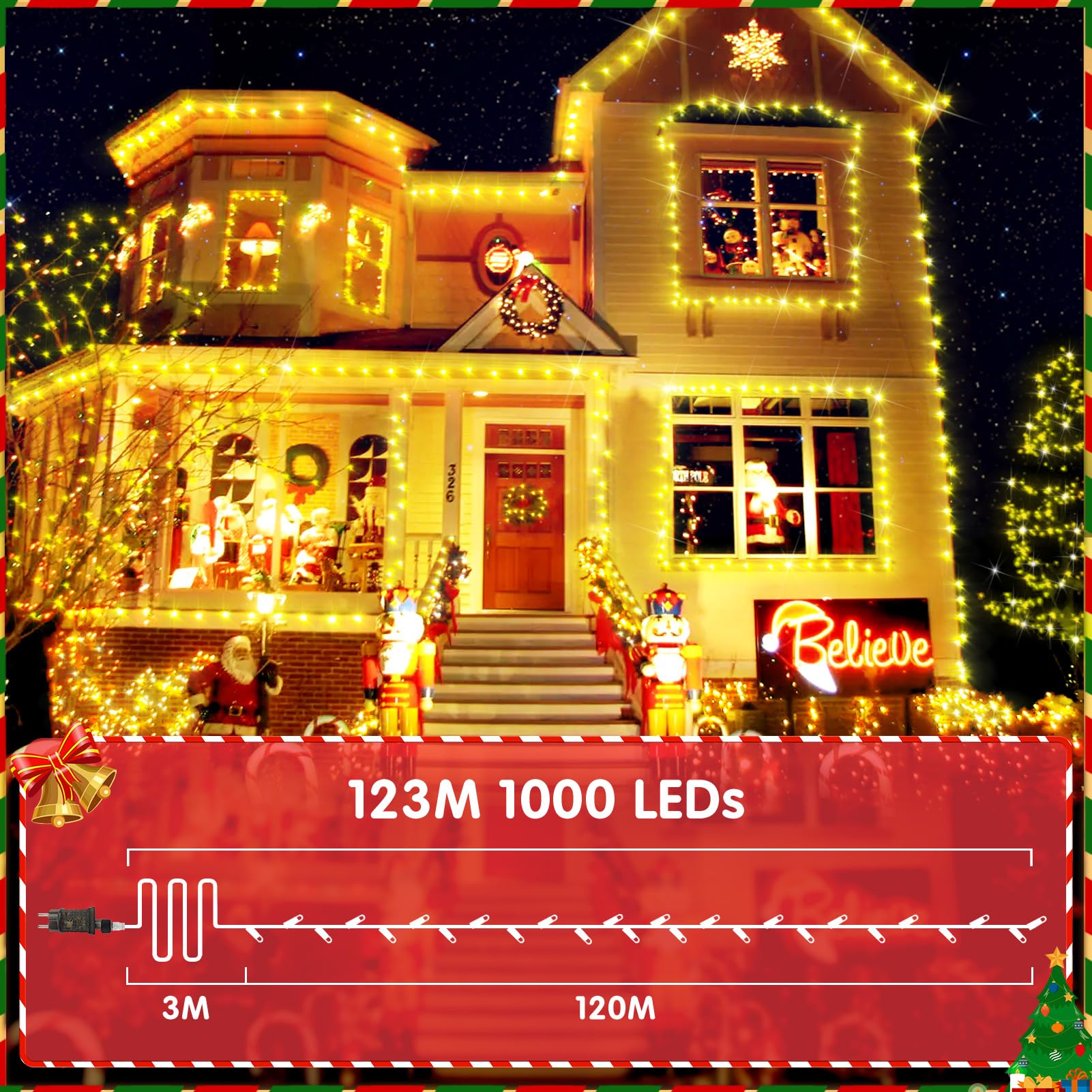 XURISEN 123M Lichterkette 1000 LED Warmweiß Dunkelgrün Weihnachtsbaum Timer 8 Modi IP44 Wasserdicht Fernbedienung für Garten Balkon Weihnachtsdekoration