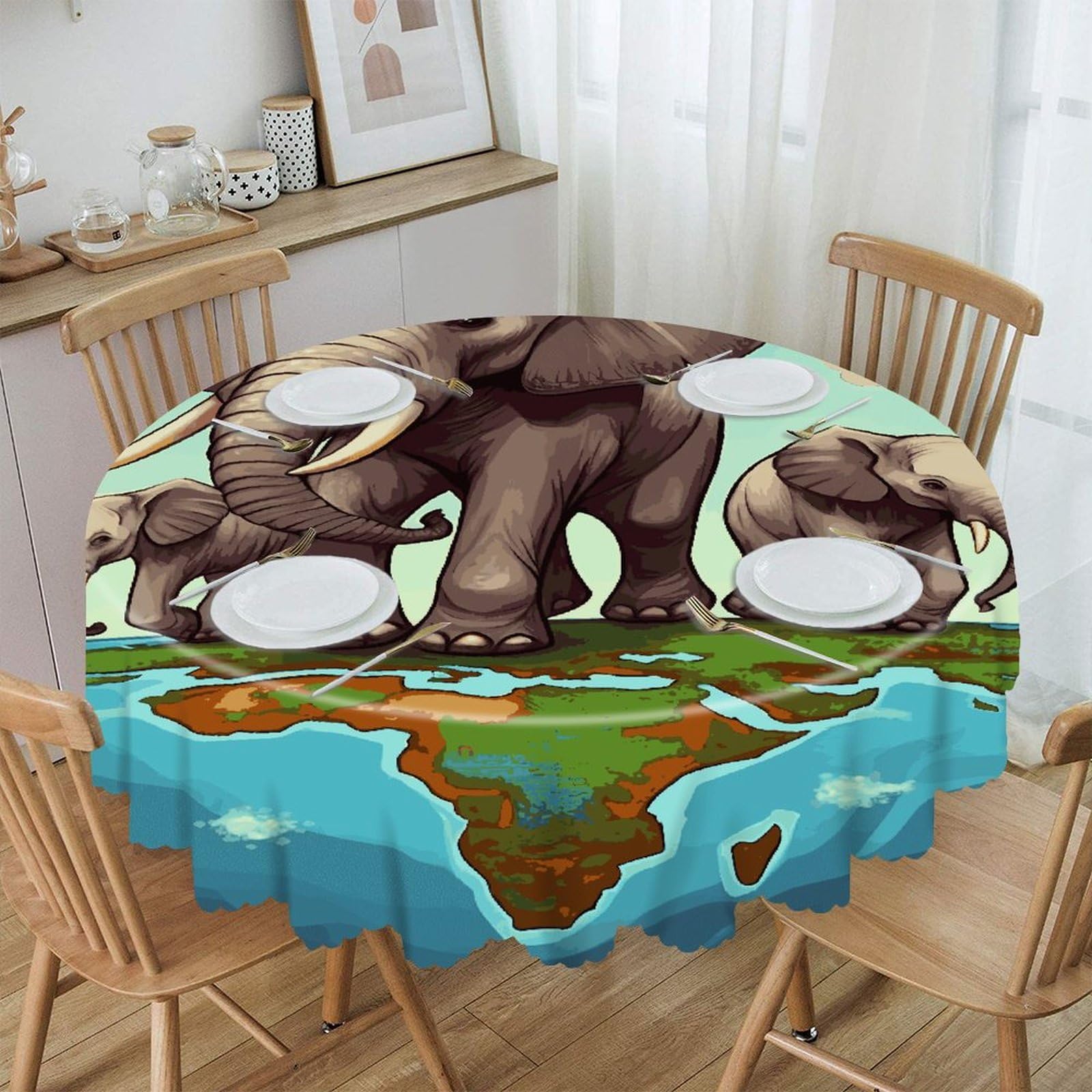 JTREHY Elephants Round Tablecloth 60 Inch Water Resistant Spill Proof Washable Polyester Table Cloth Wipeable Washable Table Cover for Buffet Tables Holiday Party Dinner