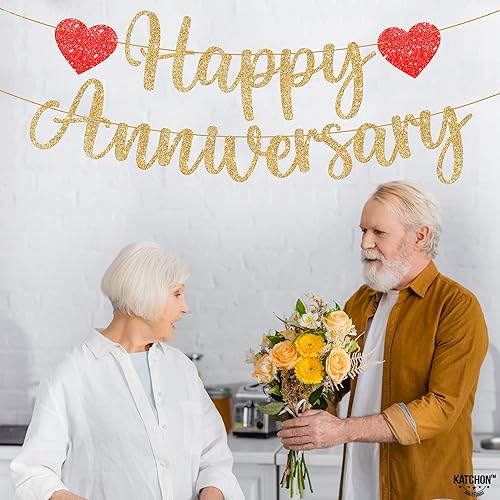 Miniatura 9 de KatchOn, Cartel de feliz aniversario dorado con purpurina, sin bricolaje, 2 cuerdas, 10 pies cada una, decoraciones de aniversario para fiesta,