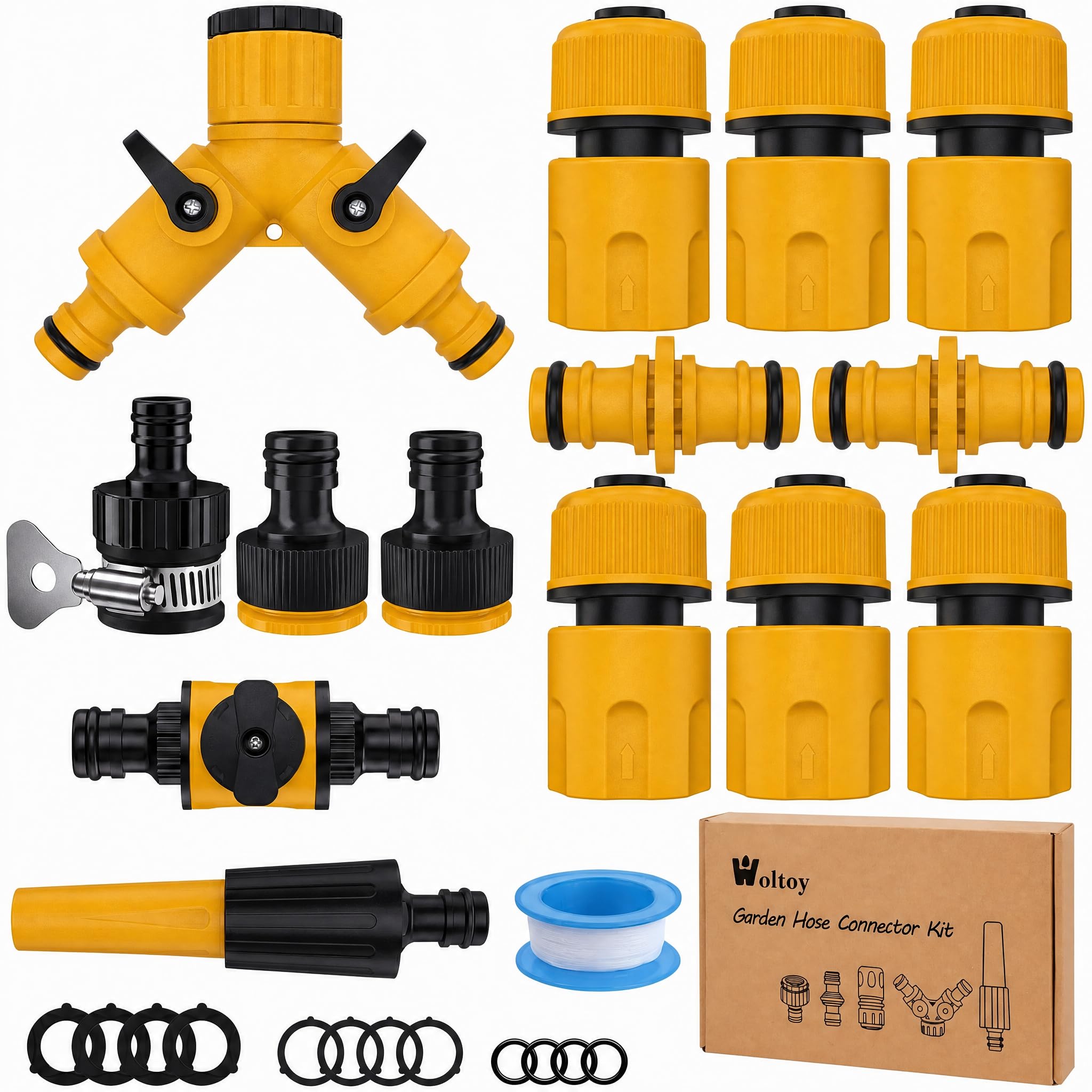 Woltoy 15 Pack Garden Hose Connector Kit, Quick Connector for Hose Pipe&tap(Nozzle,Hose Repair Connector, Hose Quick Connect,Y Hose Splitter,Male Threaded Adapter,Male and Female Connector)，Yellow