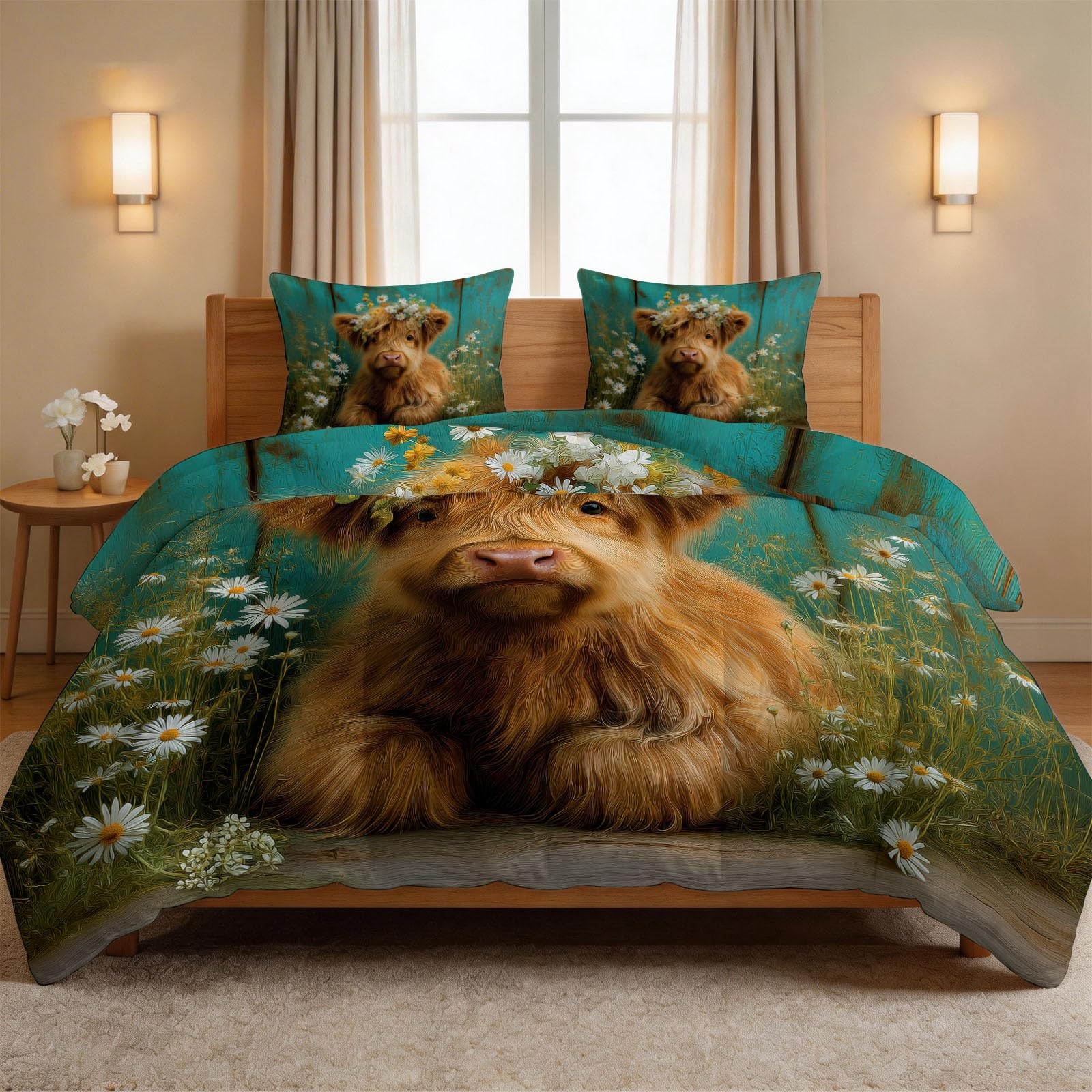 Couette sans housse 140x200 motif vache Highland avec taies d'oreiller fleurs