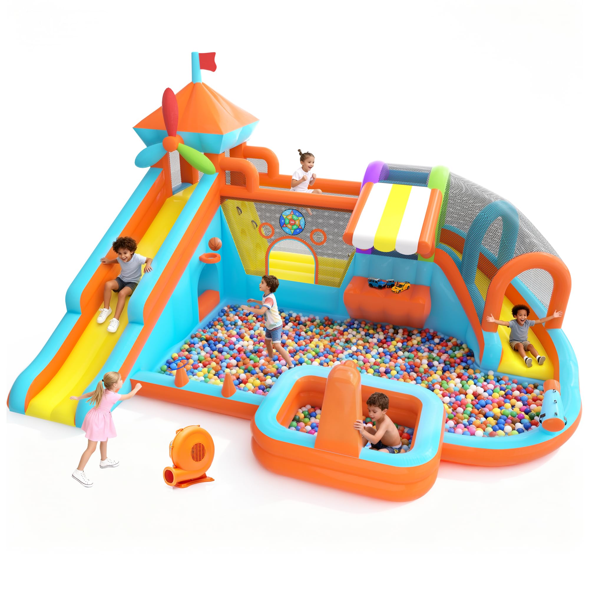 Inflatable Bounce House with Double Slide, 10 in 1 Large Bounce Castle with 750W Blower, Jumping, Splash Pool, Climbing Wall, Toy Stand, Water Cannon,