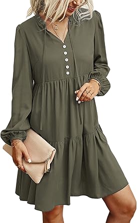 ECOWISH Women V Neck Puff Long Sleeve Dress Solid Loose Swing Pleated Shift Casual Fall Dresses