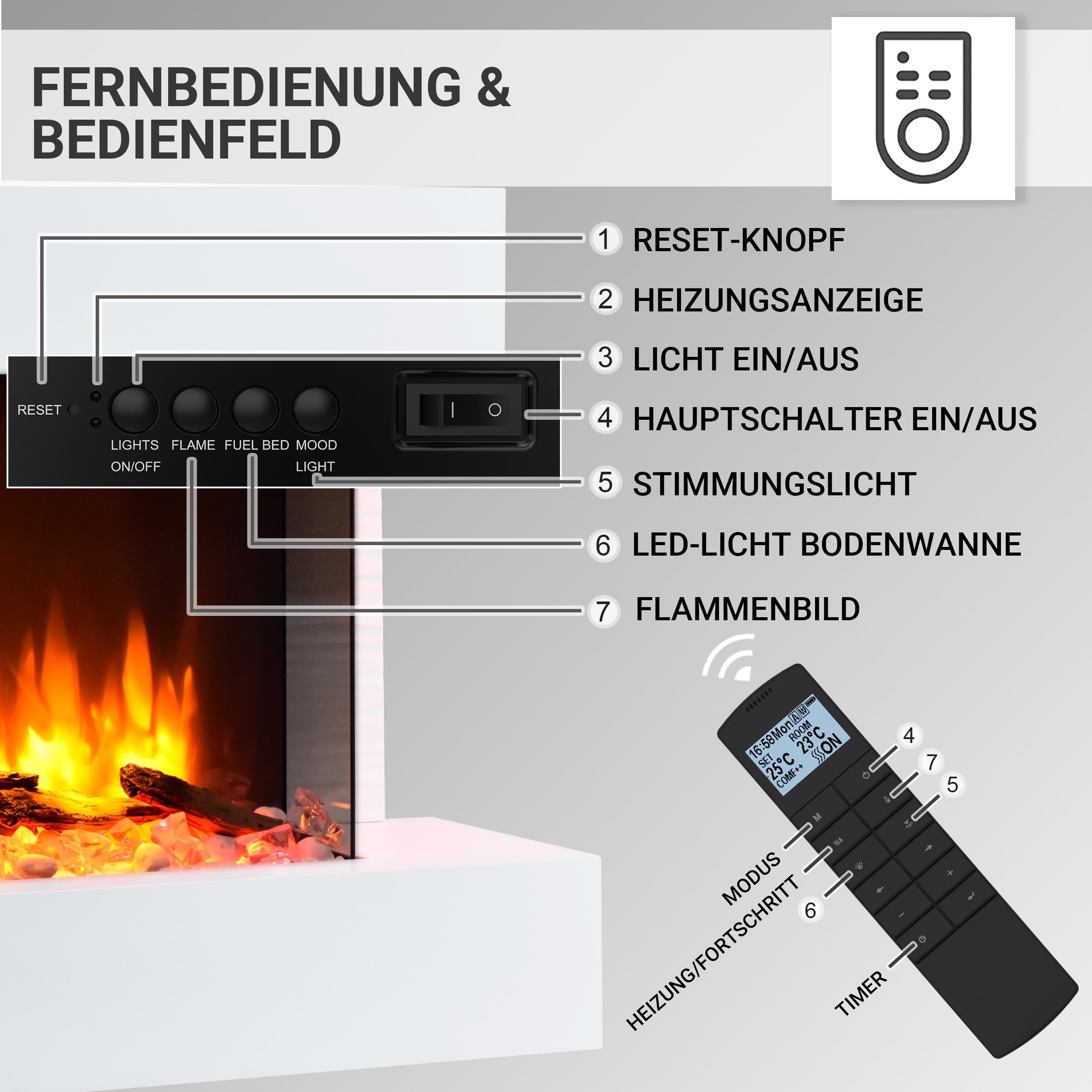 BALDERIA Elektrokamin Aidan Elektrischer Standkamin Weiß | 3D-Flammeneffekt, Elektro Heizung 2000W, LED-Beleuchtung, Fernbedienung, Timer, Startsteuerung & Thermostat