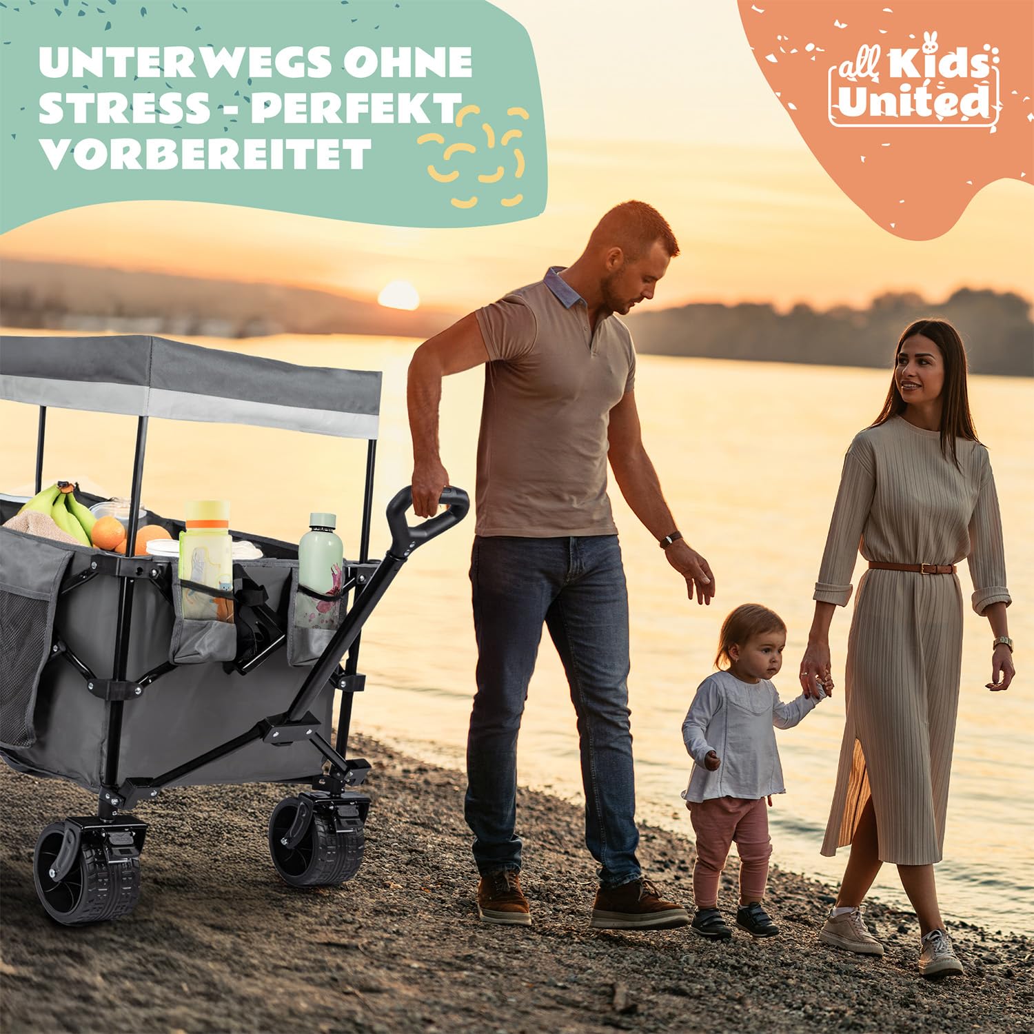 Faltbarer Bollerwagen Handwagen Transportkarre; Strand-Buggy bis 90L&150kg; XXL Geländeräder mit Bremse; Leiterwagen; Camping-Wagen für Strand, Garten & Outdoor; Verstellbarer Griff & Tasche (Grau)
