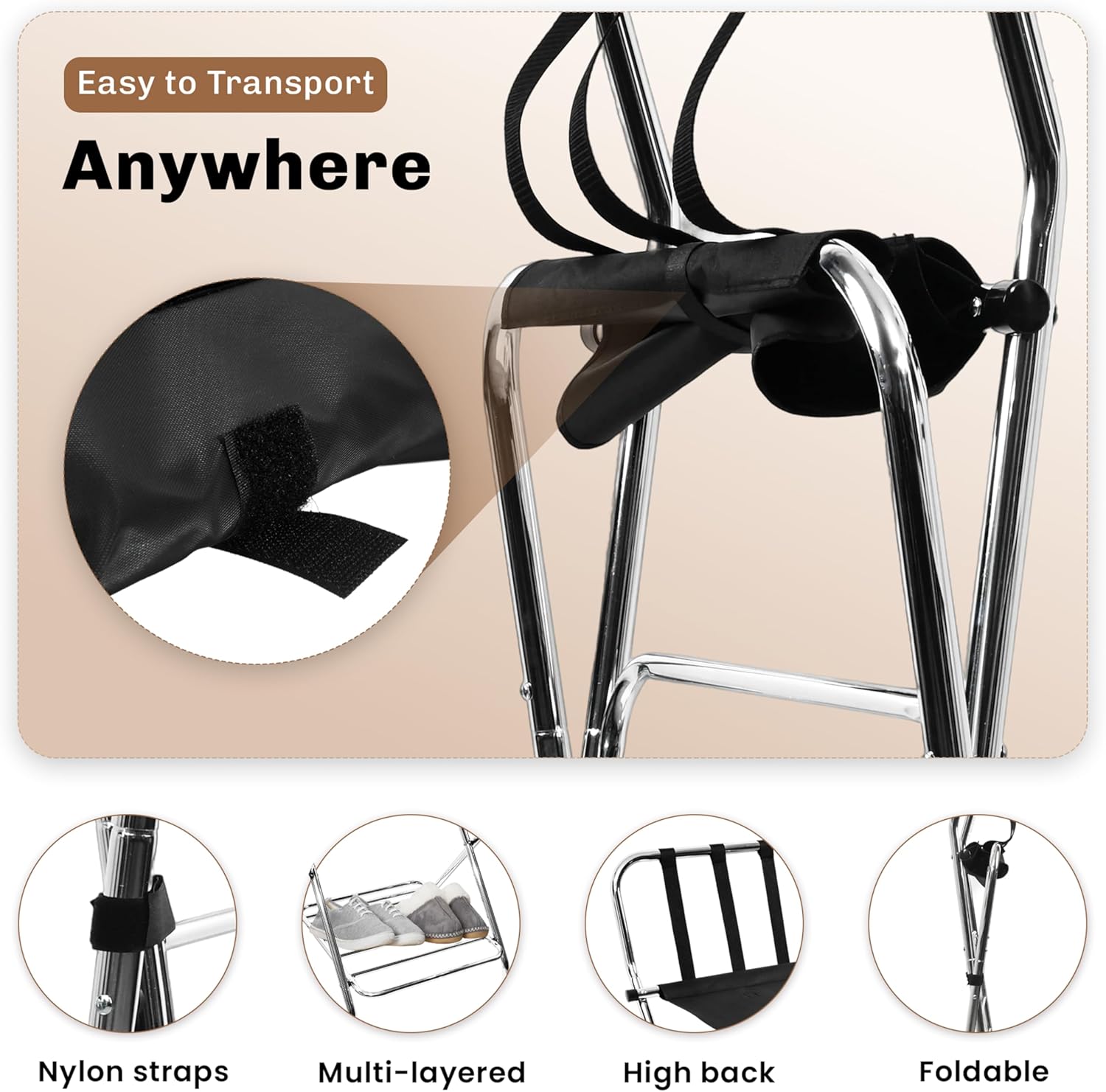 Foldable Luggage Rack with Wheels for Guest Room - Metal Frame Folding Suitcase Stand With 2 Shelves - Portable Luggage Storage Rack - Easy Assembly Suitcase Holder for Hotel, Travel and Bedroom