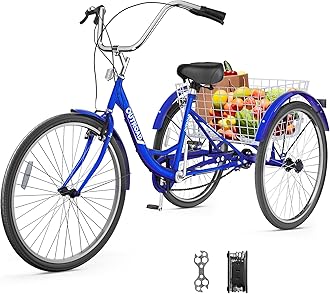 Single Speed Adult Tricycle, 3 Wheel Bikes with Large Basket, Cruiser Bike for Women/Men/Seniors, Adult Trike for Outdoor/Shopping/Recreation/Picnic(26Inch Blue)