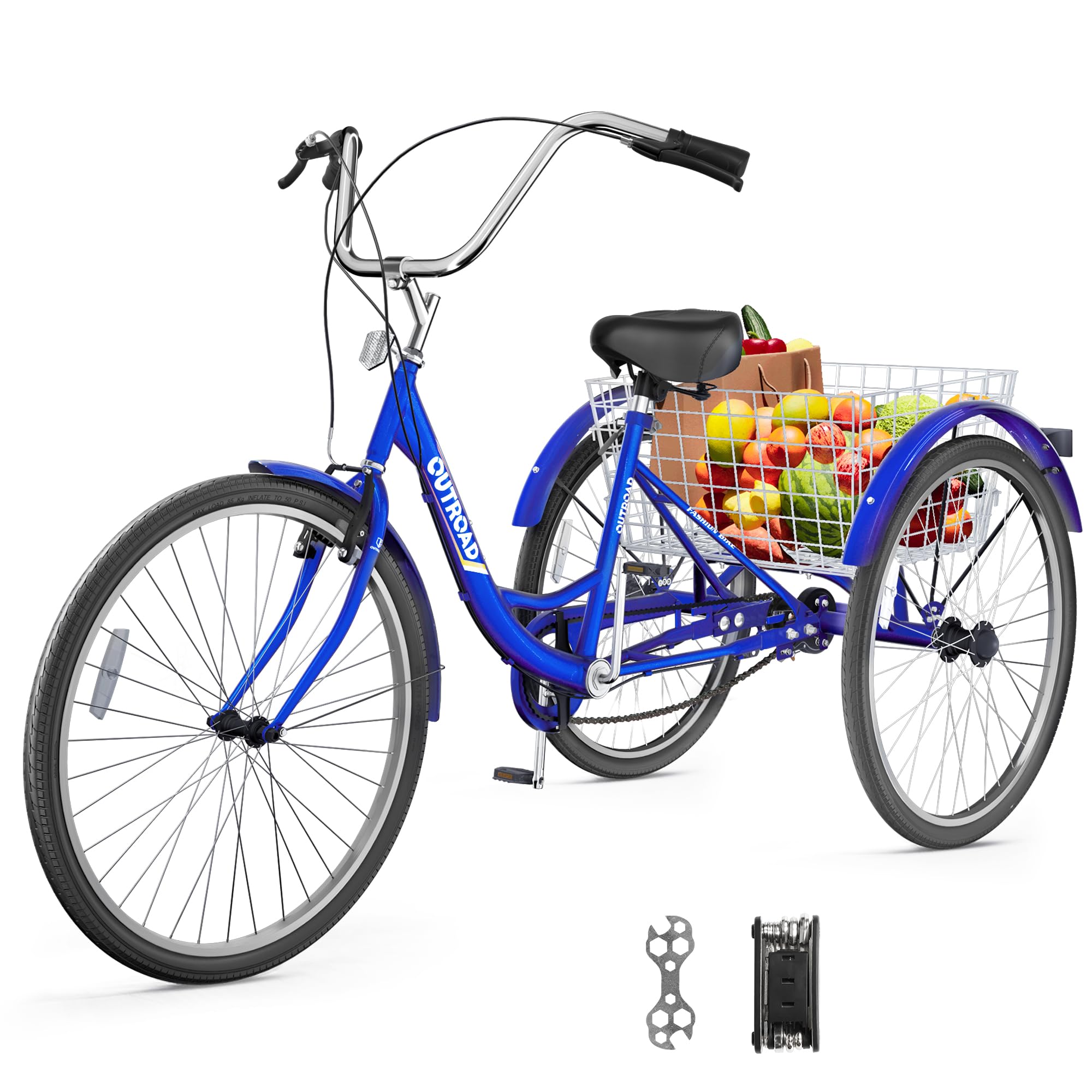 Single Speed Adult Tricycle, 3 Wheel Bikes with Large Basket, Cruiser Bike for Women/Men/Seniors, Adult Trike for Outdoor/Shopping/Recreation/Picnic(26Inch Blue)