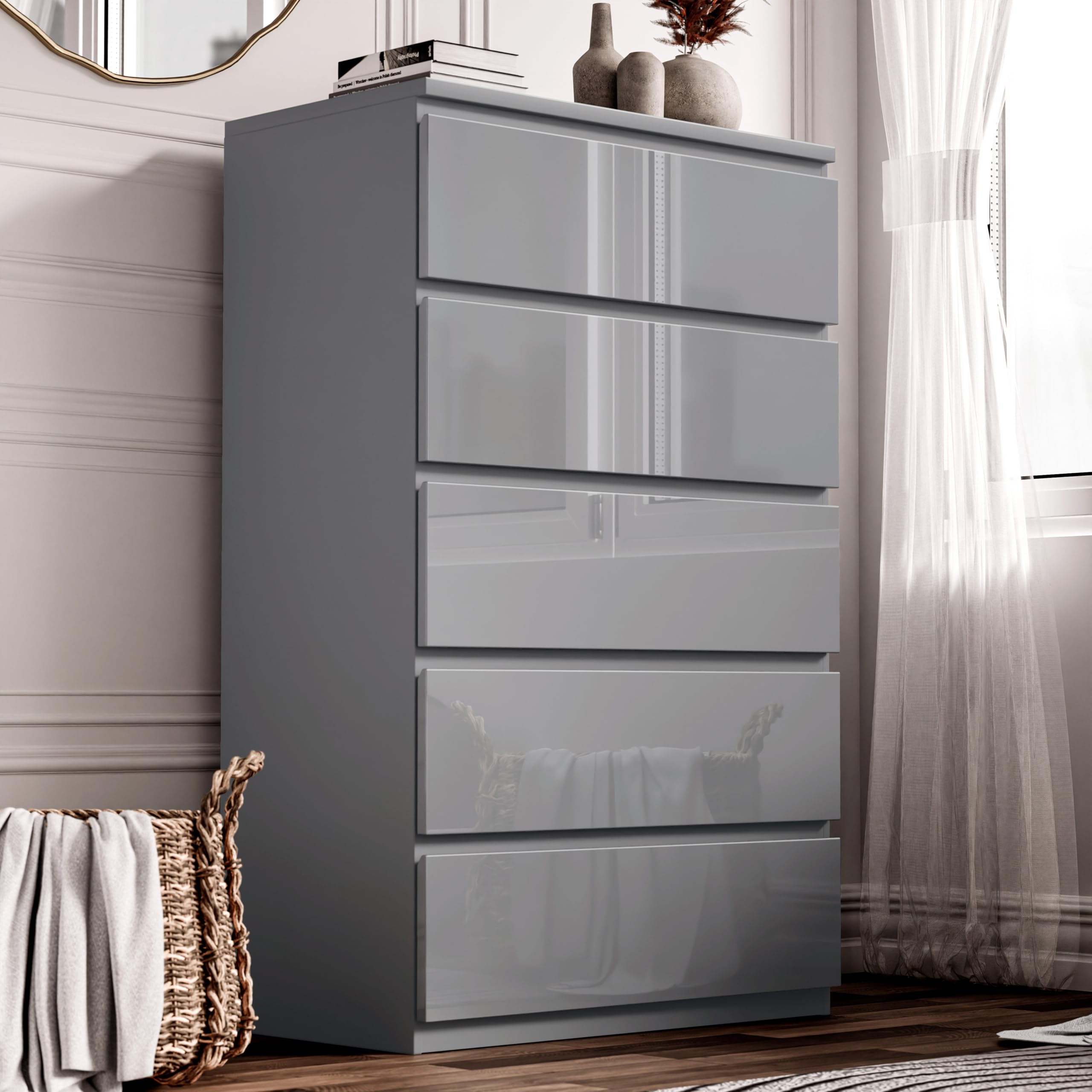 Sponsored Ad – Blisswood High Gloss Chest of Drawer, 5 Drawer Bedroom Chest of Drawer Bedside Table Cabinet for Bedroom Living room Furniture, Grey, 70W x 40D x 115H cm