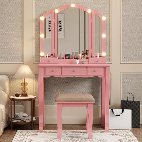 Miniatura 2 de Tocador con luces para niñas, juego de escritorio con cajones, tocador de maquillaje con espejo y luces, tocador de maquillaje rosa para niñas, mesa