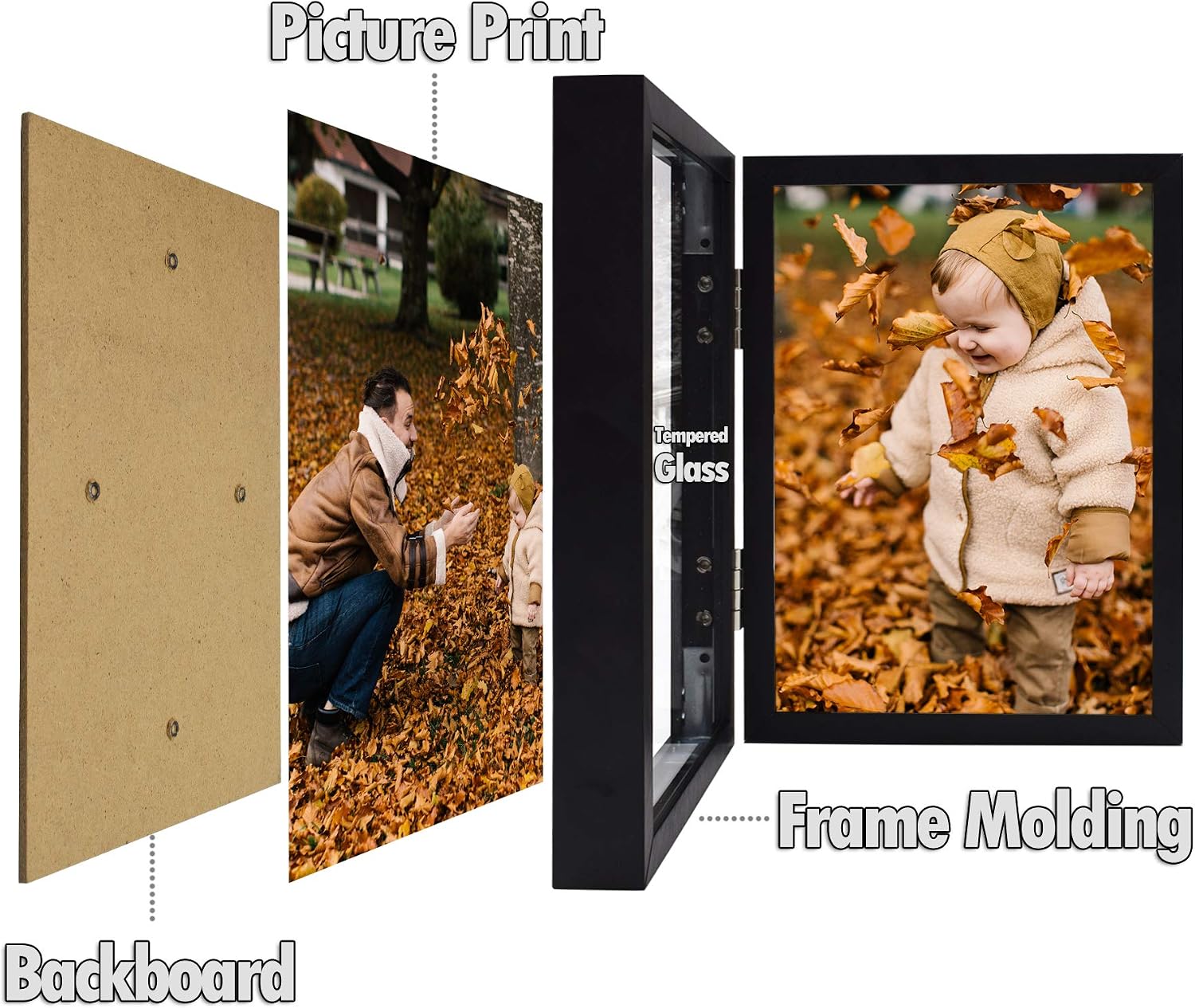 Golden State Art, 5x7 Black Double Hinged Frame - Holds Two 5x7 Pictures - Self Standing, Tabletop Display - Aluminum Molding, Swivel Tabs, Real Glass - Great for Engagement, Wedding Photos, Events
