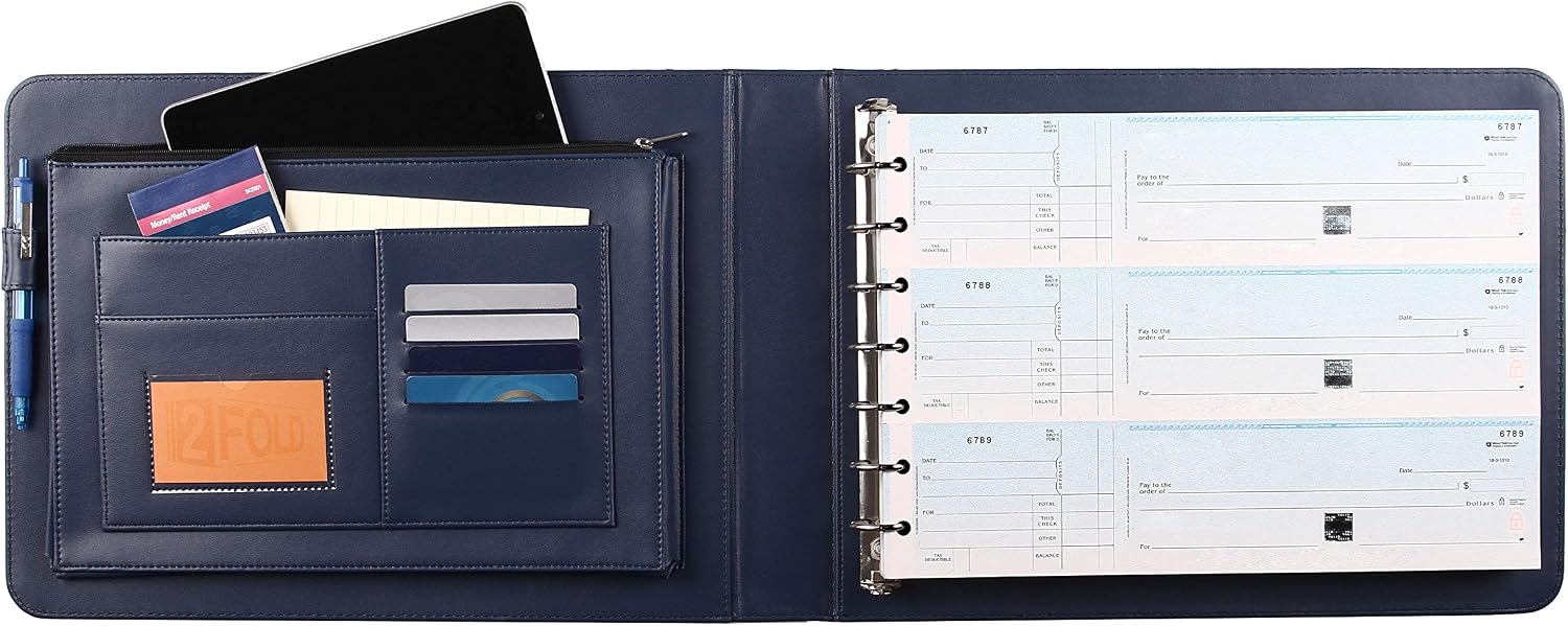 2Fold Business Check Binder 7 Ring for 3-Up Business Size Checks with Extra Business Card Case - PU Leather Deluxe 7 Ring Checkbook Binder Portfolio with 600 Check Capacity and Storage
