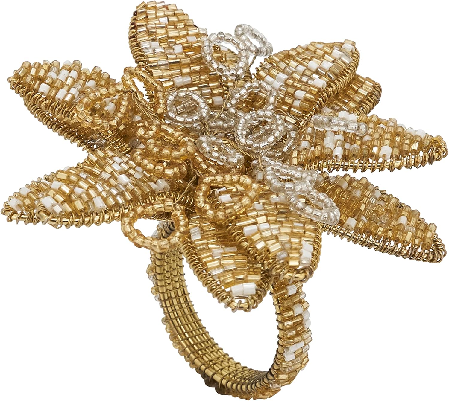 Gold Beaded Flower Design Napkin Rings, Set of 4