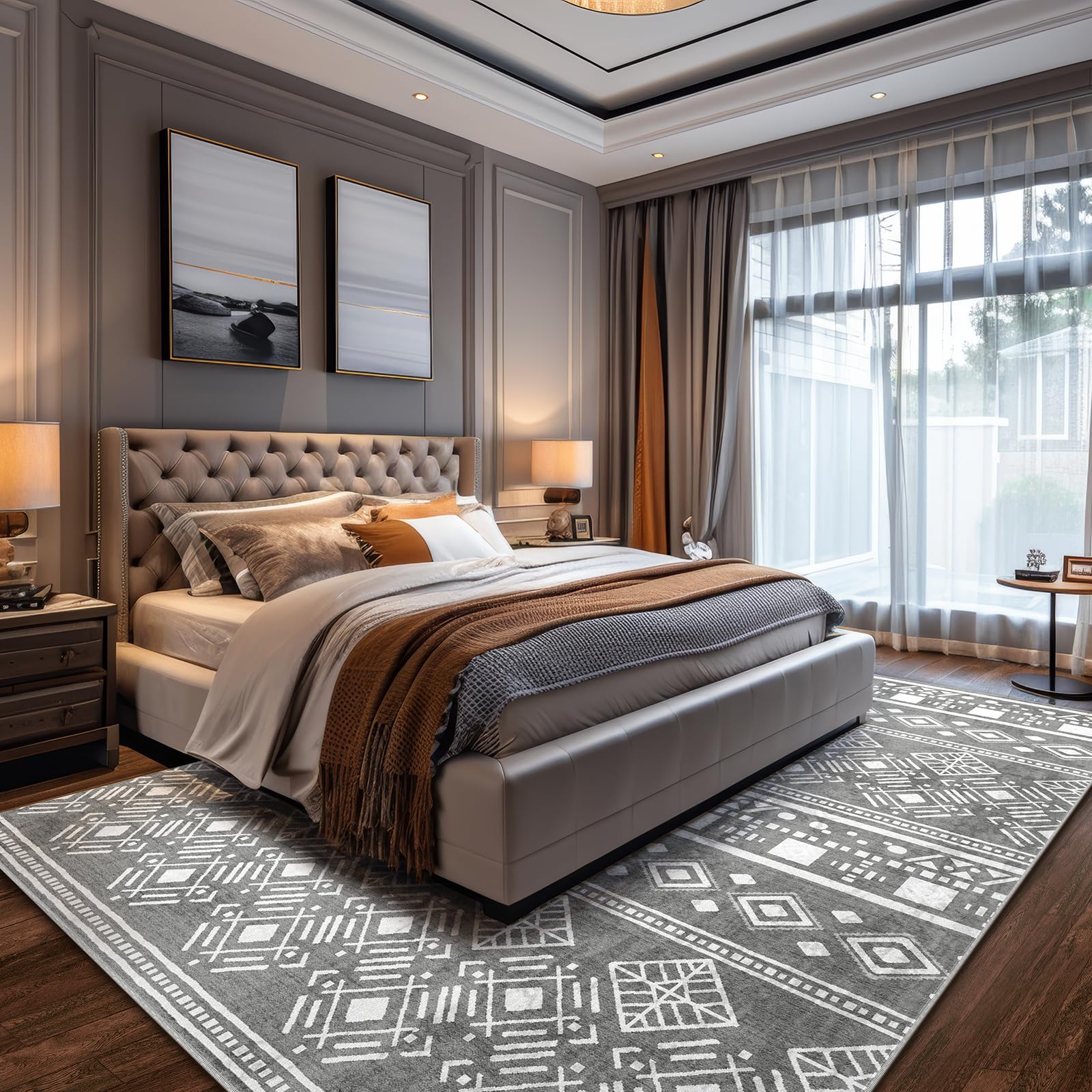 XSIVOD Kurzflor Teppich 200x280 cm Grau, Boho Waschbarer Teppich
