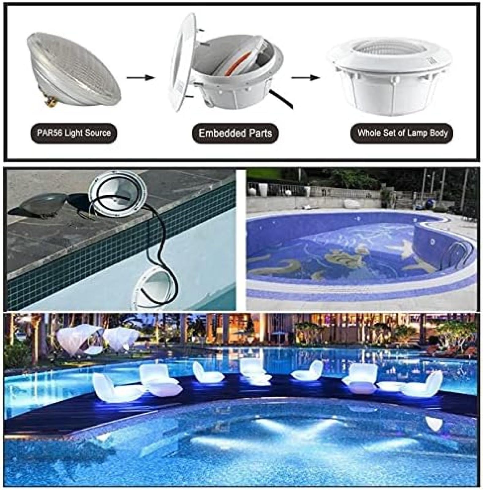 Faretto da Piscina A LED con Nicchia in ABS, Faretto PAR56 12V AC Lampadine A LED IP68 Lampada Subacquea da Incasso Impermeabile per Piscina,RGB,15W,HaoAMZ