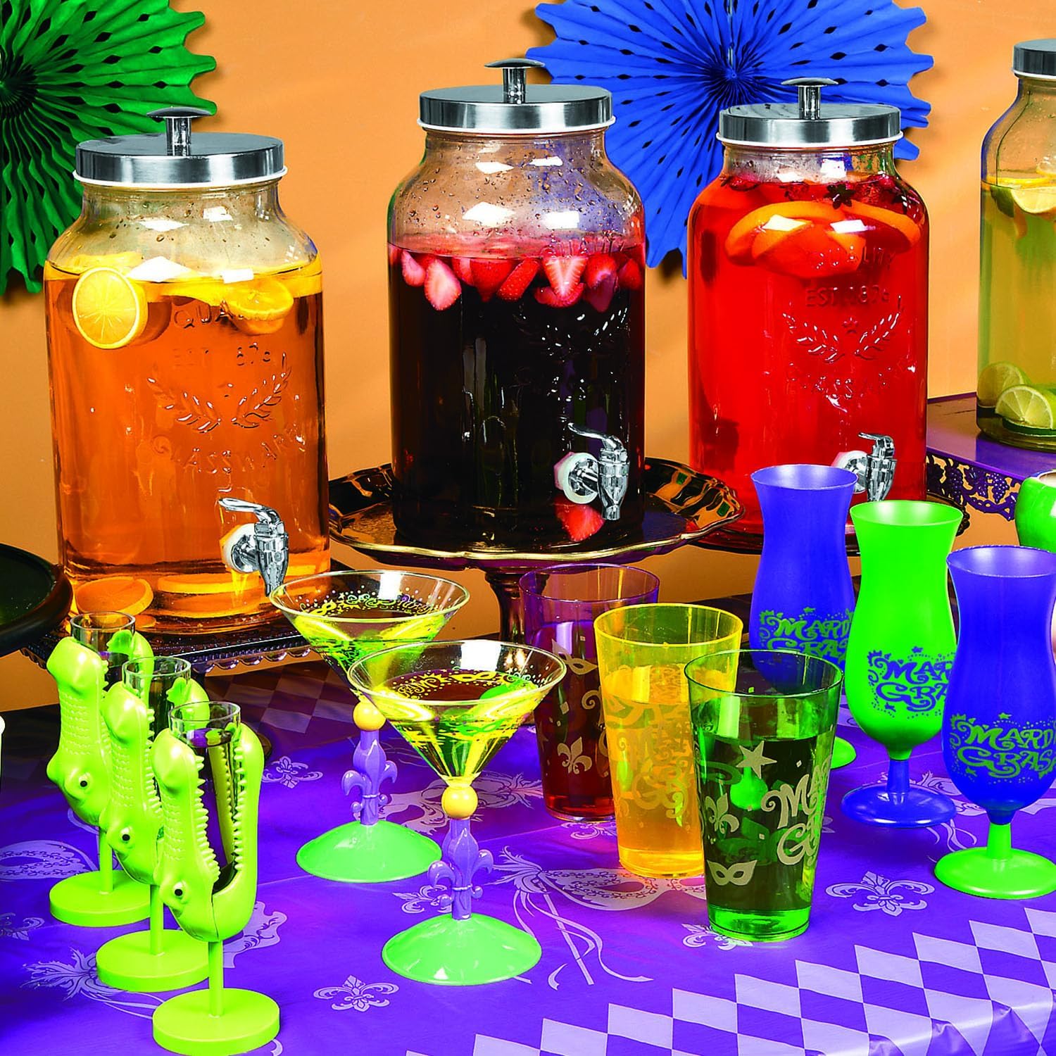 Fun Express Mardi Gras Cups Hurricane Glasses Plastic Bulk Set of 12 - Purple Green Party Supplies Drinkware | 16 oz Disposable Reusable Cocktail Glasses for Carnival Celebrations & Events