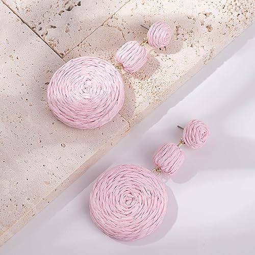 Miniatura 3 de Statement Raffia - Aretes redondos de bola colgantes de rafia, bonitos aretes bohemios hechos a mano para el verano para mujer