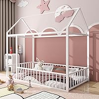 Vista 19 de Cama de plataforma de metal con forma de casa con listones de metal sólido, cama de casa de tamaño individual con diseño de techo, marco de cama