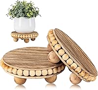 HouseJoy 2pcs Rustic Beaded Wood Risers - Farmhouse Display Stands for Cupcakes, Plants, Kitchen & Bath Decor (4.72in)
