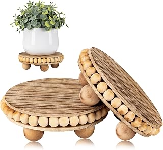 HouseJoy 2pcs Rustic Beaded Wood Risers - Farmhouse Display Stands for Cupcakes, Plants, Kitchen & Bath Decor (4.72in)