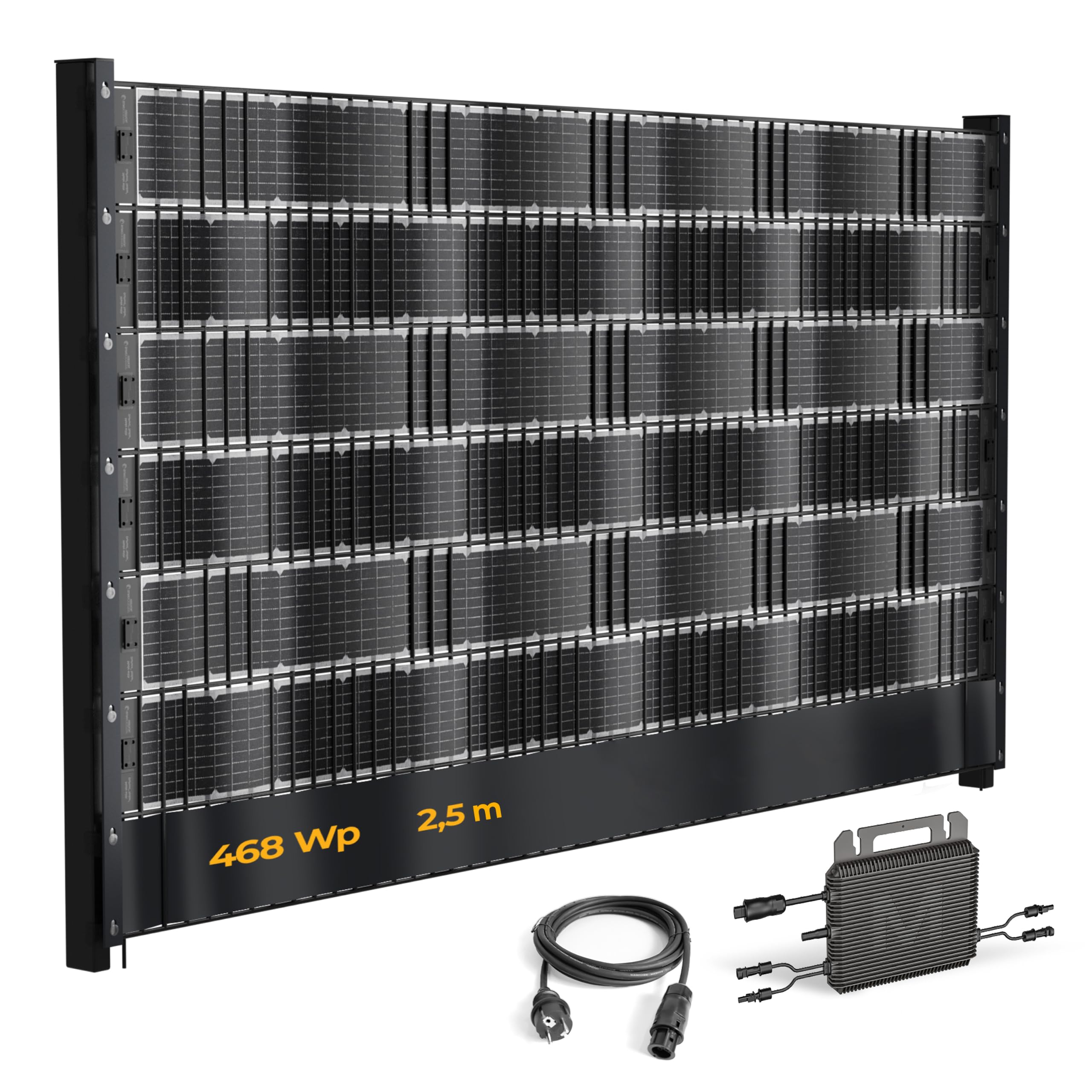 VERTICAL+ Impianto solare da recinzione 2,5m – Strisce PV frangivista bifacciali per recinzione a doppio filo, 468 Wp, Kit completo con microinverter 800W e cavo Schuko 10m, Pronto da spina