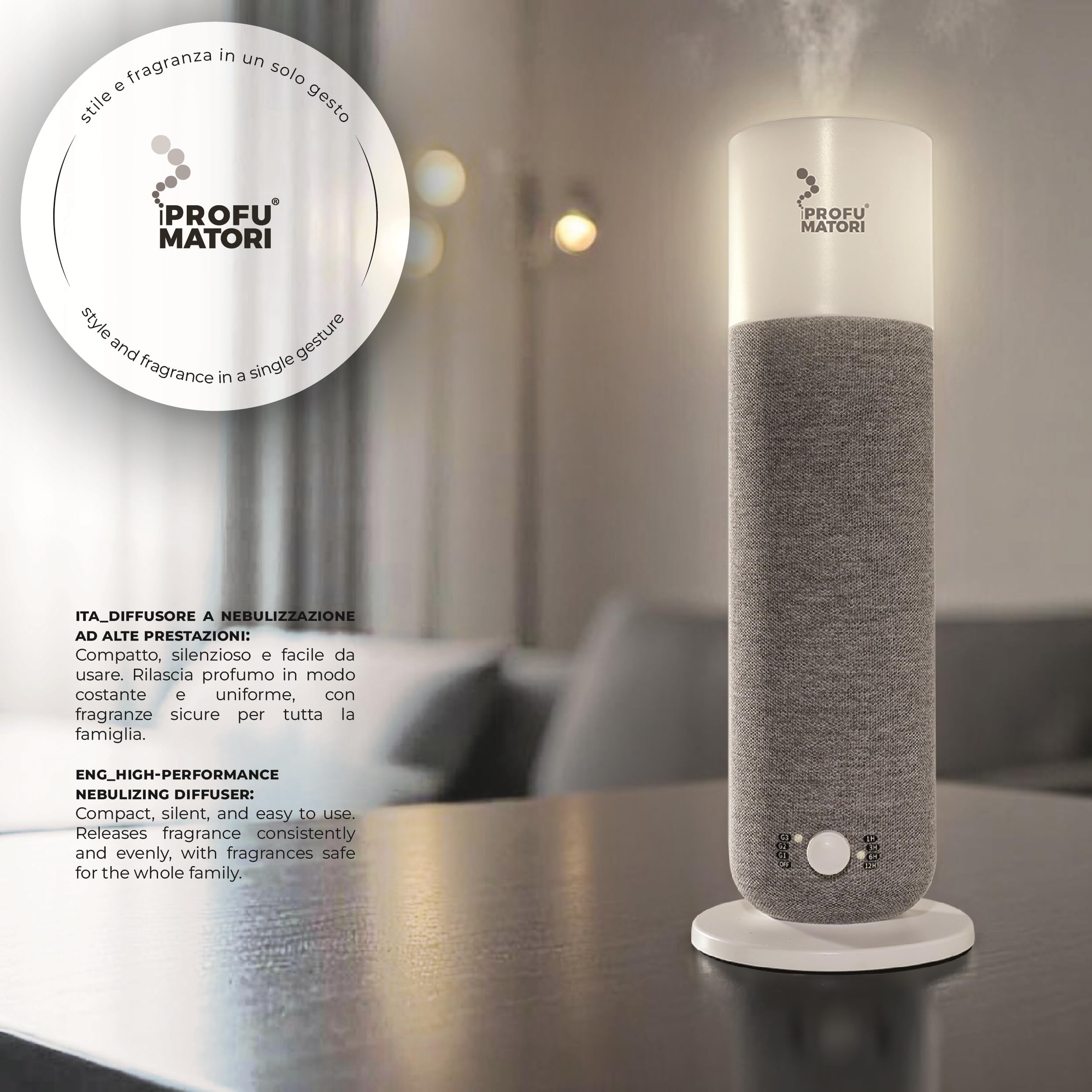 Diffusore profumo ambiente Smart EVO100 TL, fragranza Rosso Divino, nebulizzazione a freddo, controllo buetooth, copertura fino a 100 m², luce ambientale integrata, 100 ml, Colore Grigio
