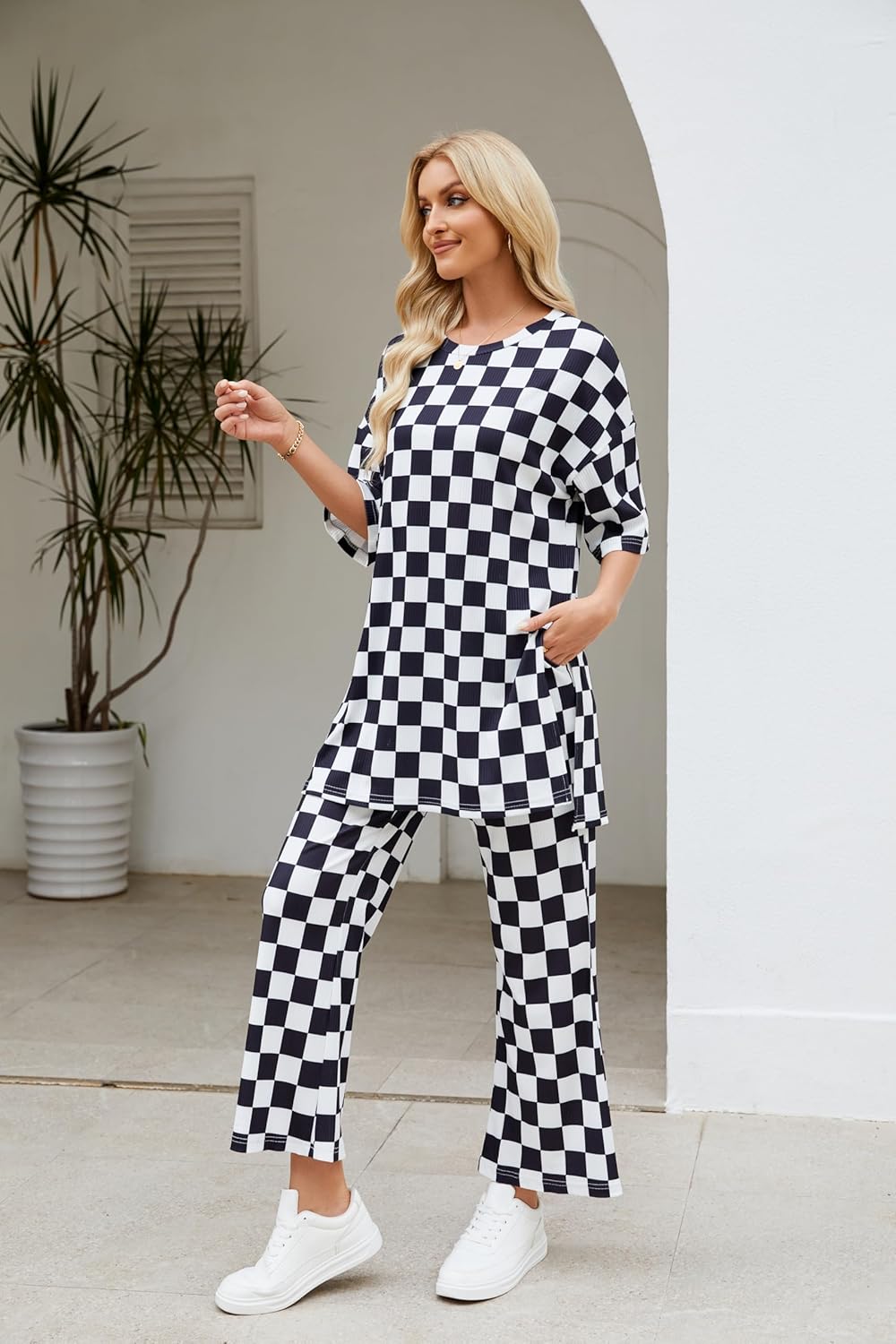 Two Piece Sets for Women 2025 Short Sleeve Top and Wide Leg Pants Matching Lounge Set Ribbed Fall Vacation Outfits - Image 3