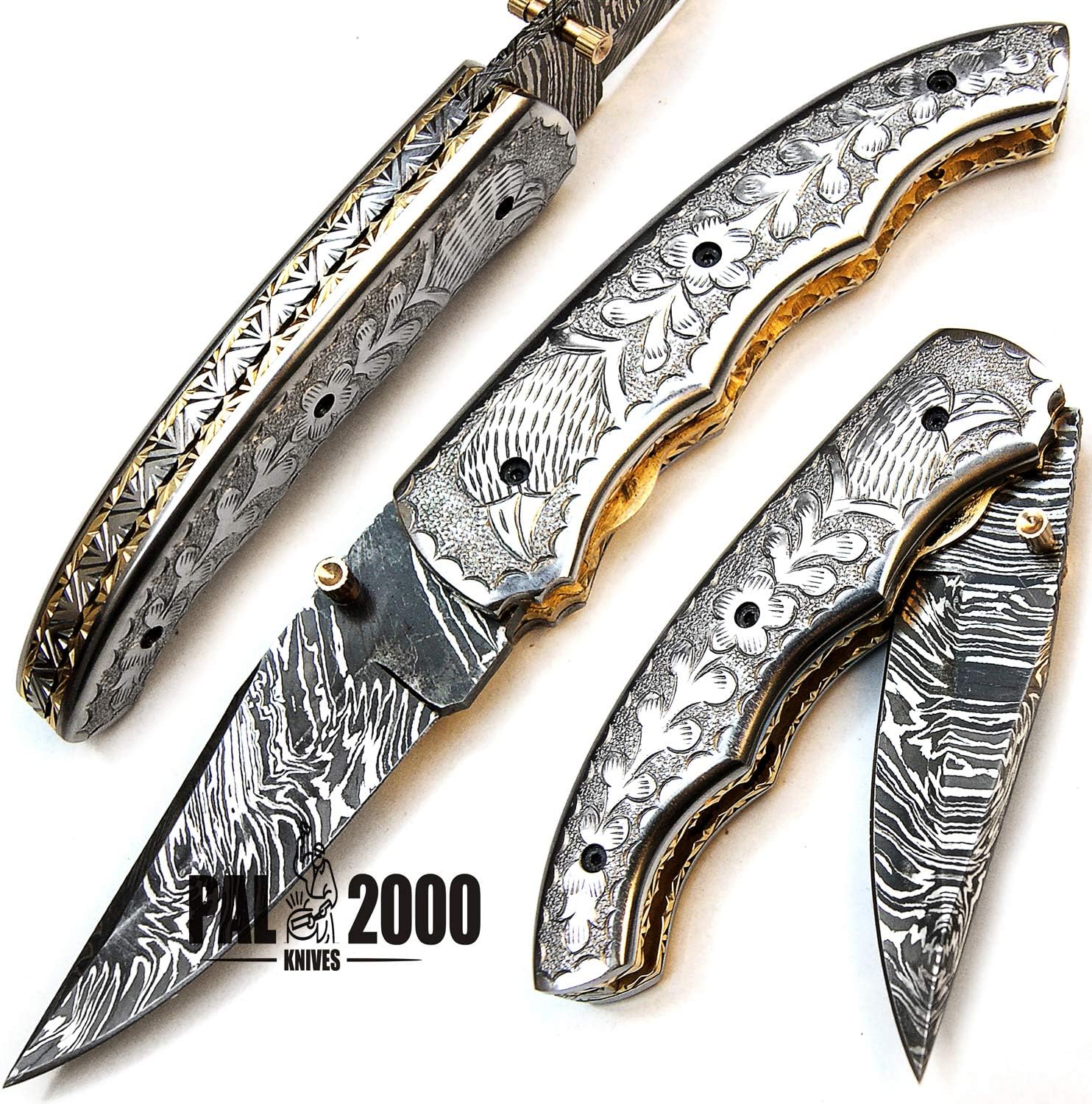 PAL 2000 KNIVES POC-9428 Custom Handmade Damascus Steel Blade Folding Pocket Hunting Knife with Sheath