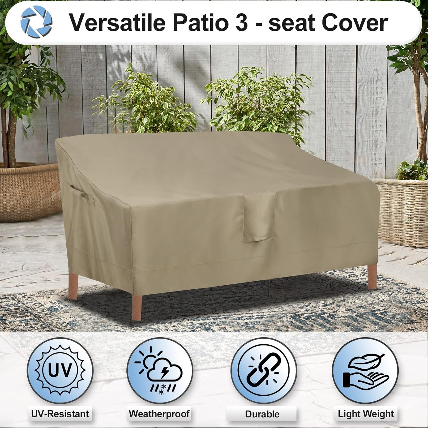 OutdoorLines Outdoor Waterproof Patio 3-Seater Couch Cover - UV Resistant Patio Sofa Furniture Covers Weatherproof Heavy Duty Glider Covers for Outdoor Furniture, 76Wx32.5Dx33H Inches, Camel