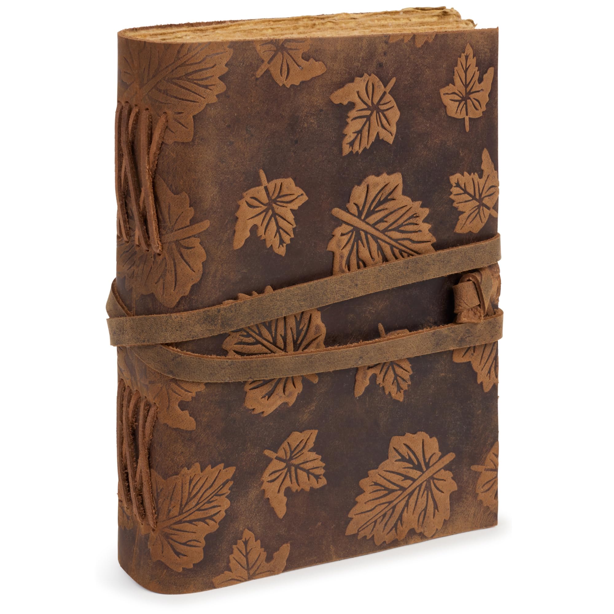Cuaderno para Viajes de Cuero con Hojas de Acacia y Papel de Algodón Artesanal, Libreta Vintage Elegante ideal para Escribir Notas y Diario Personal 21x16 cm
