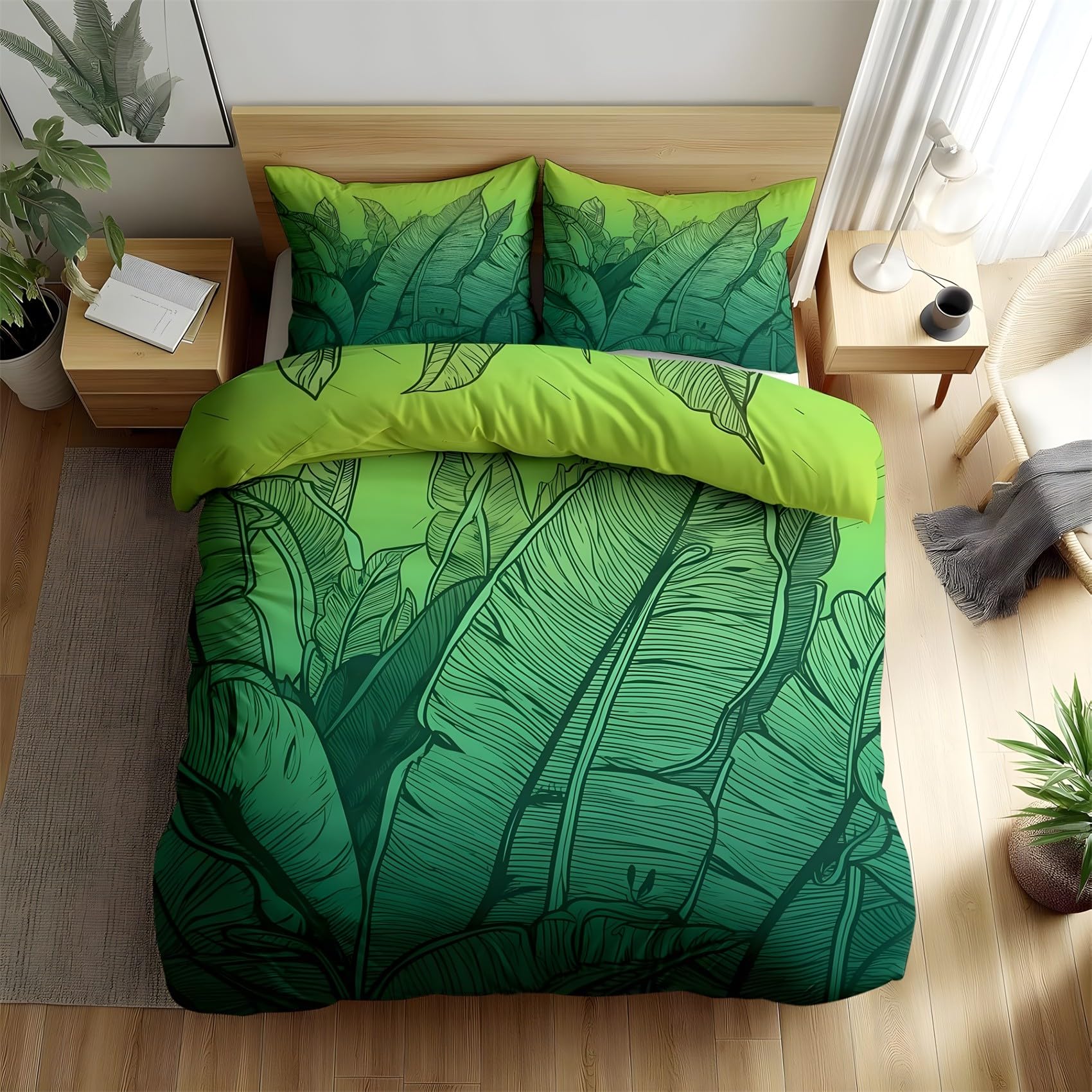 Housse de couette 200x200 imprimé exotique vert pour une chambre ambiance jungle urbaine