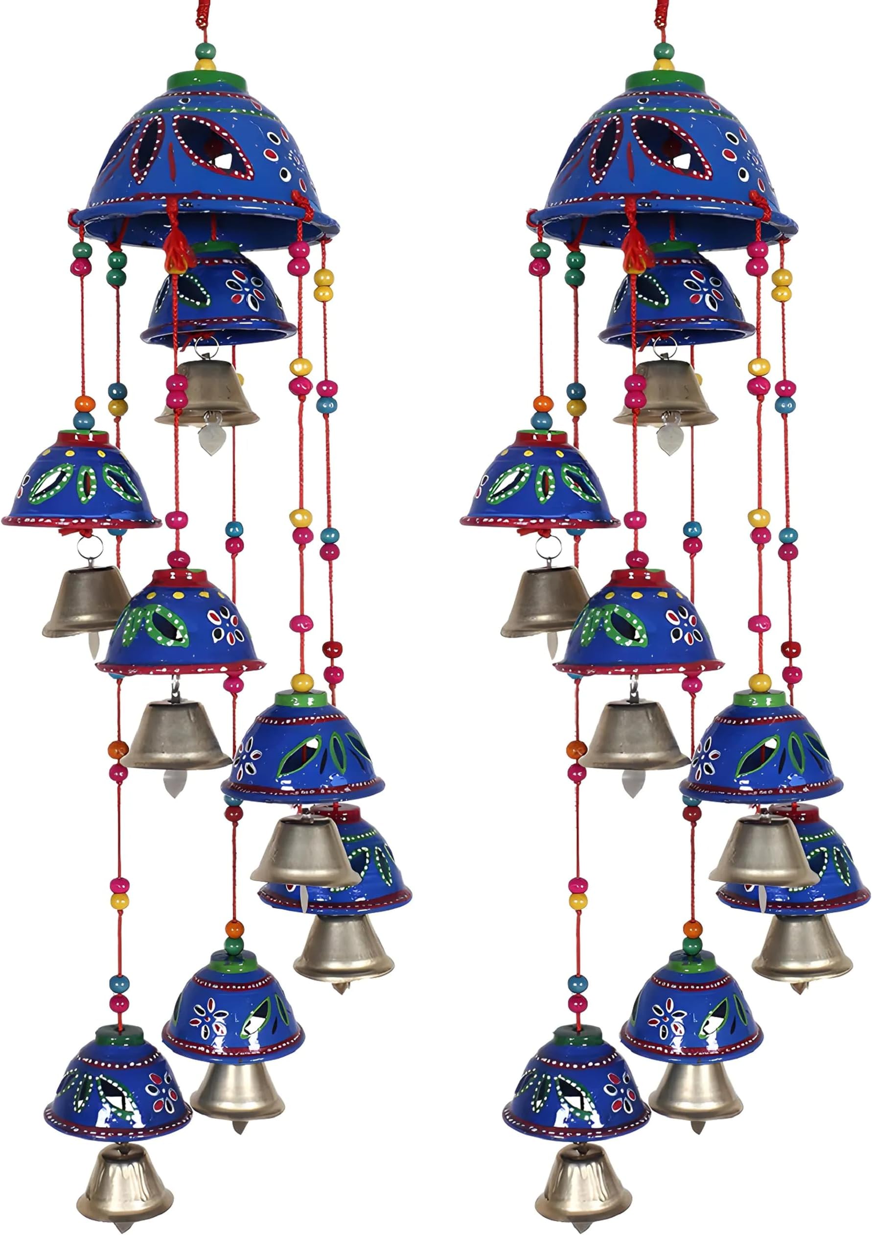 Kuber Industries Rajasthani Design Handcrafted Hanging Windchimes|Latkan with 8 Bells for Home Decor & Positive Energy,Pack of 2 (Blue), Plastic